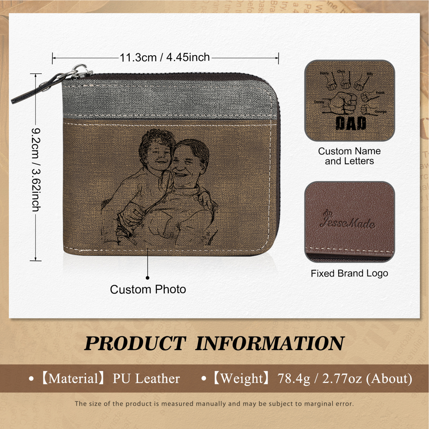 6 Names - Personalised Fist Bump Photo Custom Leather Men's Zipper Wallet as a Father's Day Gift for Dad