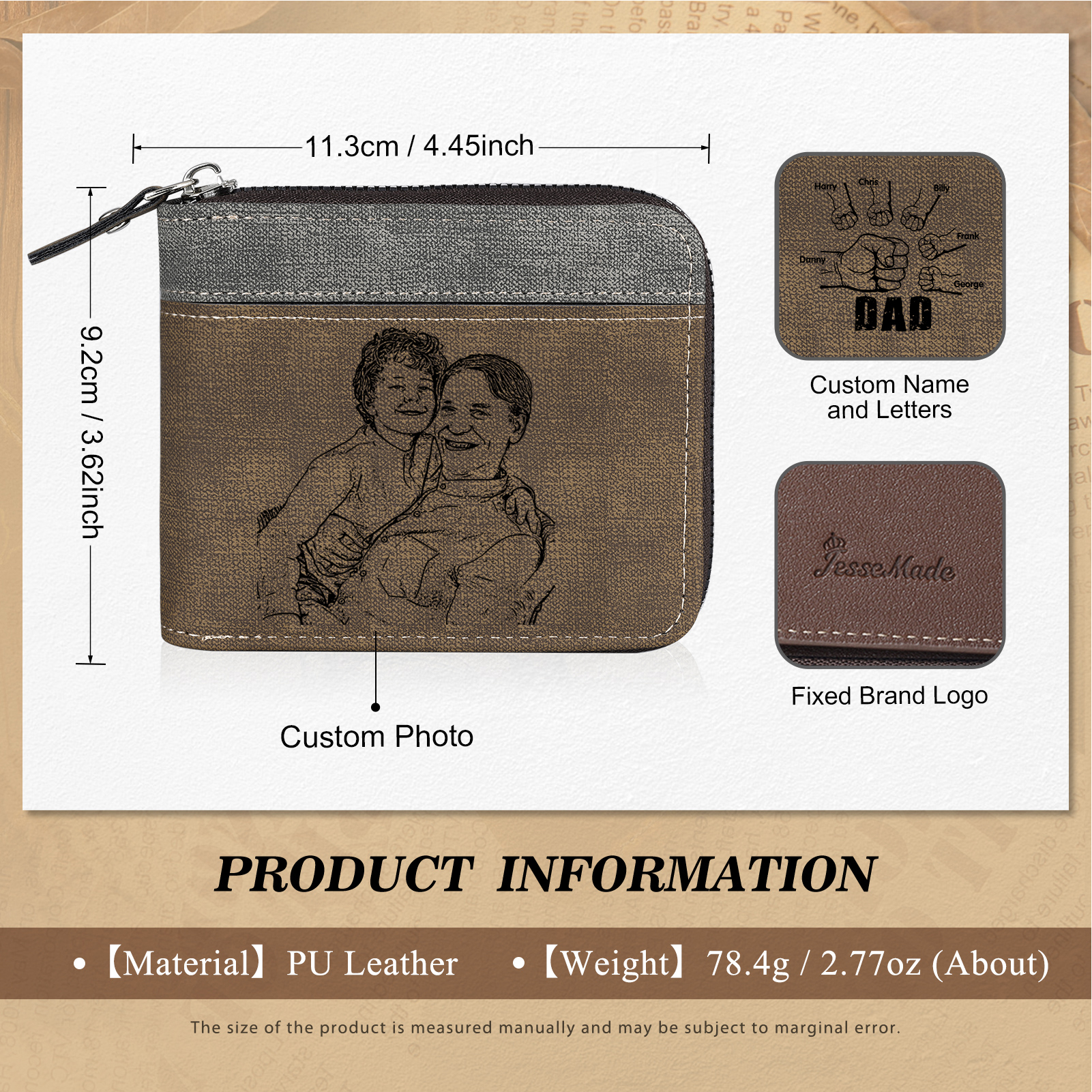 6 Names - Personalised Fist Bump Photo Custom Leather Men's Zipper Wallet as a Father's Day Gift for Dad