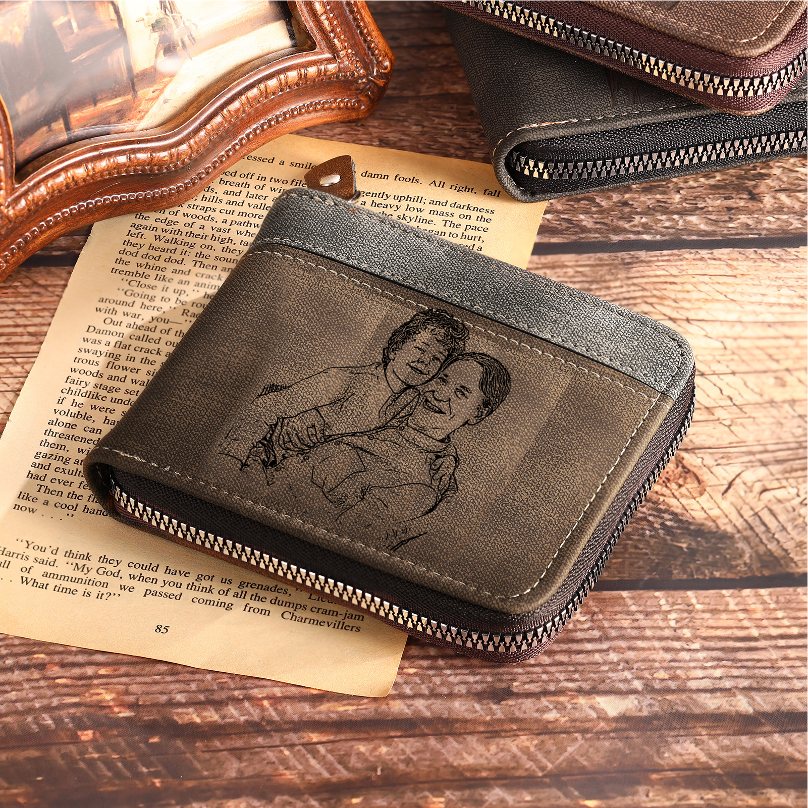 6 Names - Personalised Fist Bump Photo Custom Leather Men's Zipper Wallet as a Father's Day Gift for Dad