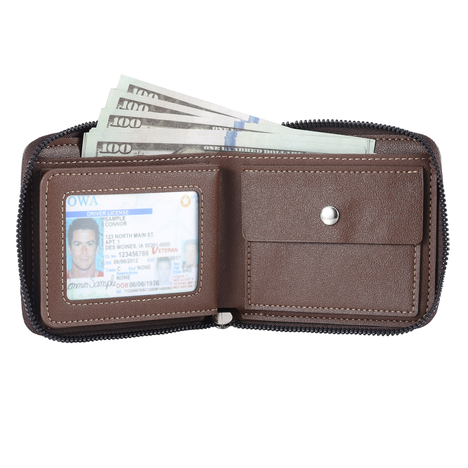 6 Names - Personalised Fist Bump Photo Custom Leather Men's Zipper Wallet as a Father's Day Gift for Dad