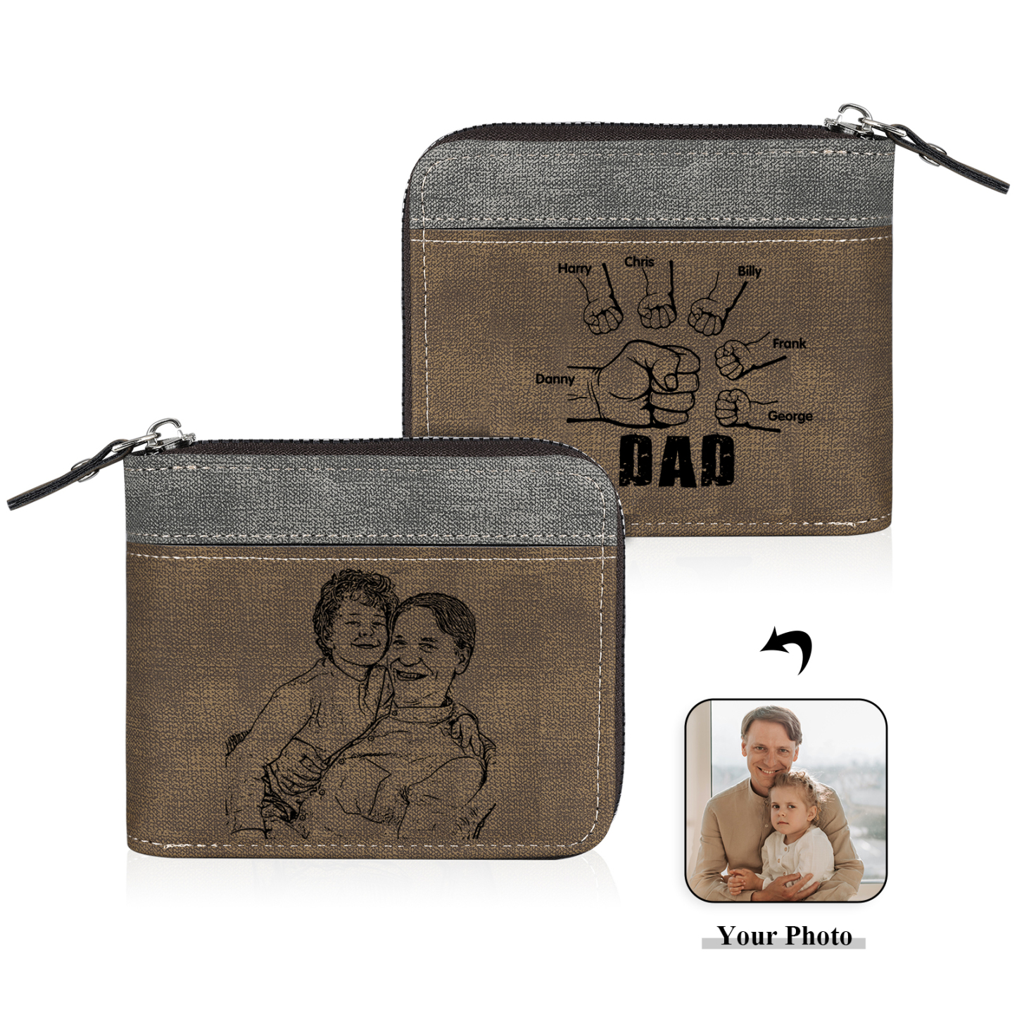 6 Names - Personalised Fist Bump Photo Custom Leather Men's Zipper Wallet as a Father's Day Gift for Dad