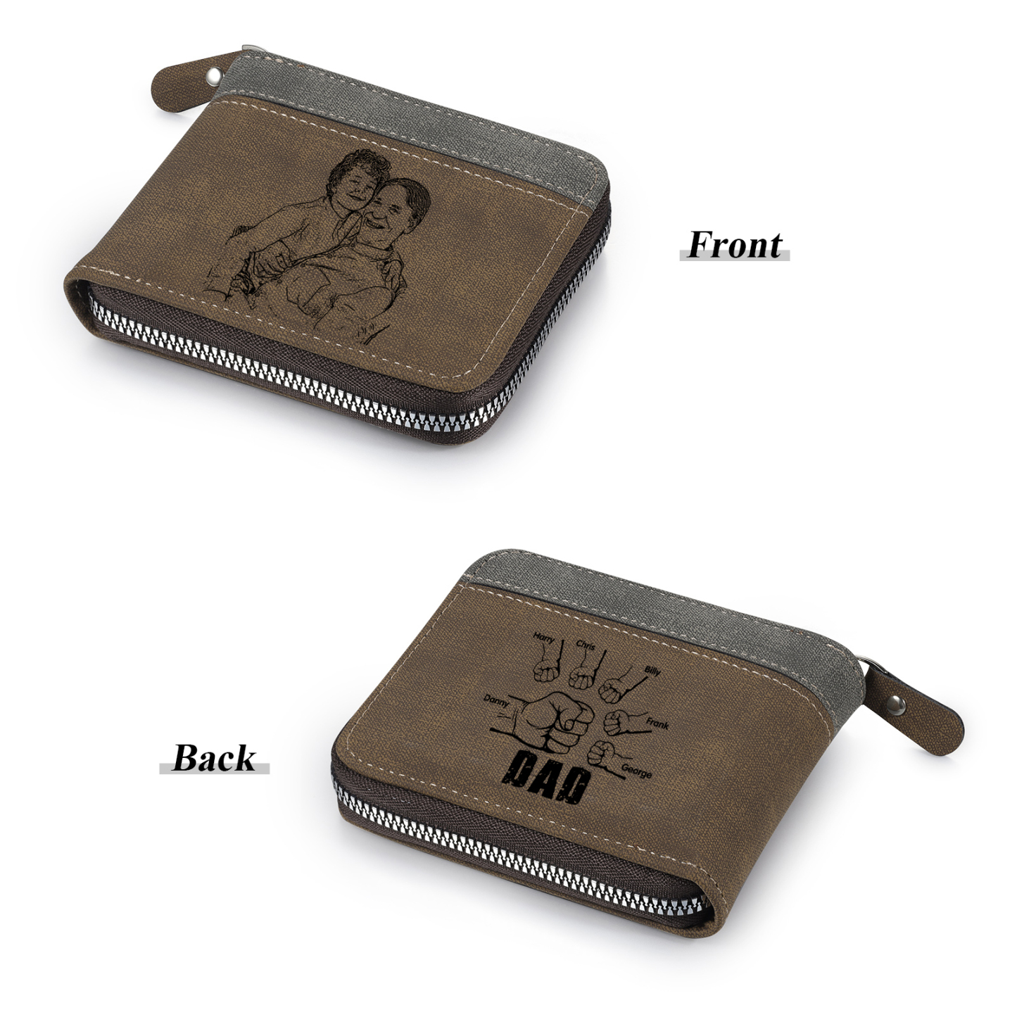 6 Names - Personalised Fist Bump Photo Custom Leather Men's Zipper Wallet as a Father's Day Gift for Dad