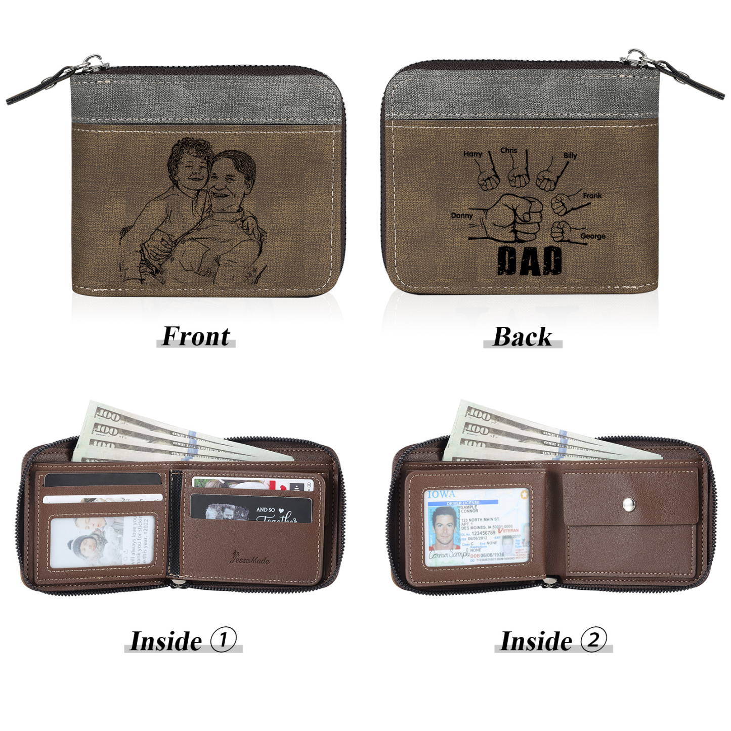 6 Names - Personalised Fist Bump Photo Custom Leather Men's Zipper Wallet as a Father's Day Gift for Dad