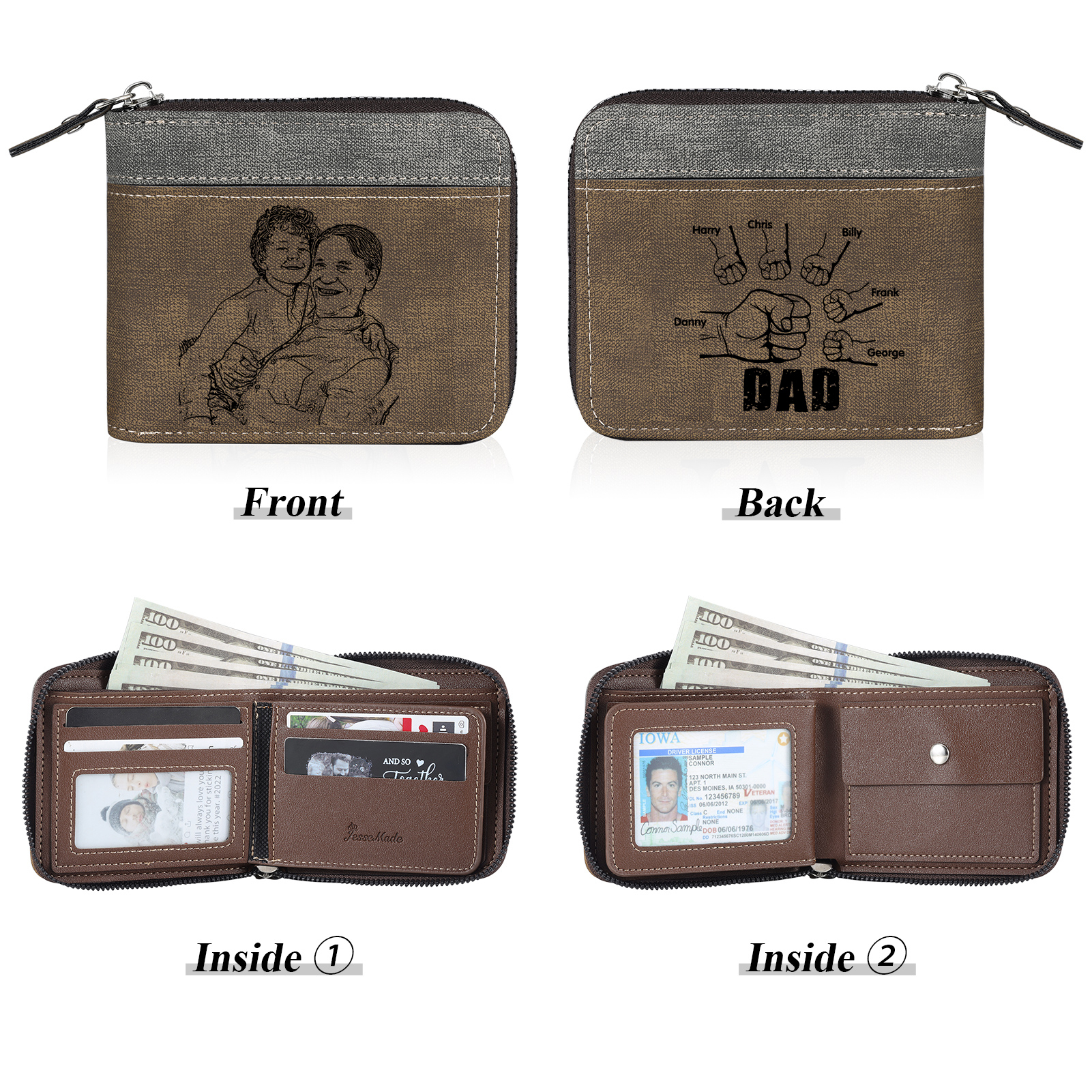 6 Names - Personalised Fist Bump Photo Custom Leather Men's Zipper Wallet as a Father's Day Gift for Dad
