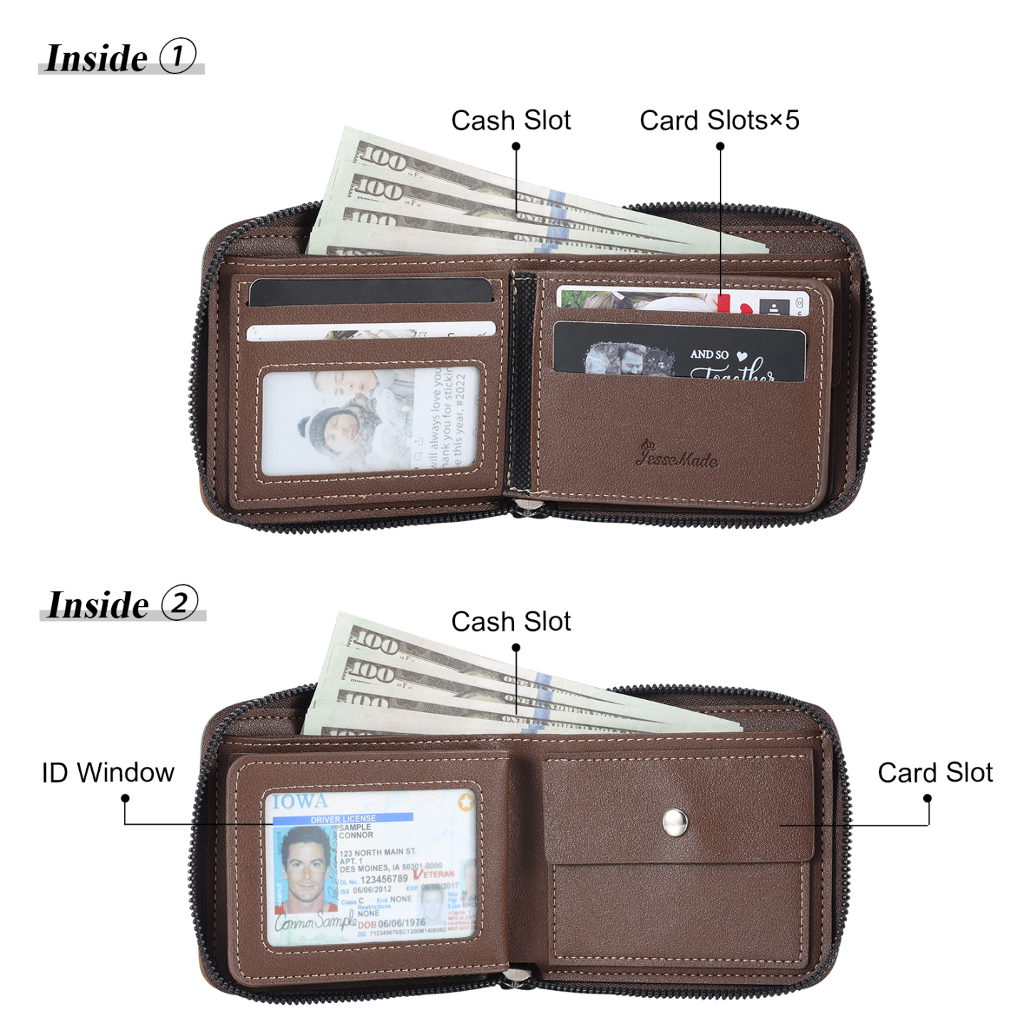 6 Names - Personalised Fist Bump Photo Custom Leather Men's Zipper Wallet as a Father's Day Gift for Dad