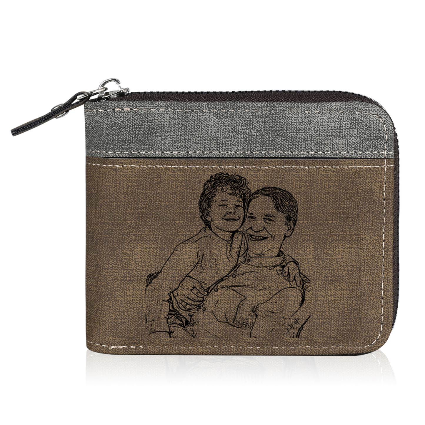 6 Names - Personalised Fist Bump Photo Custom Leather Men's Zipper Wallet as a Father's Day Gift for Dad