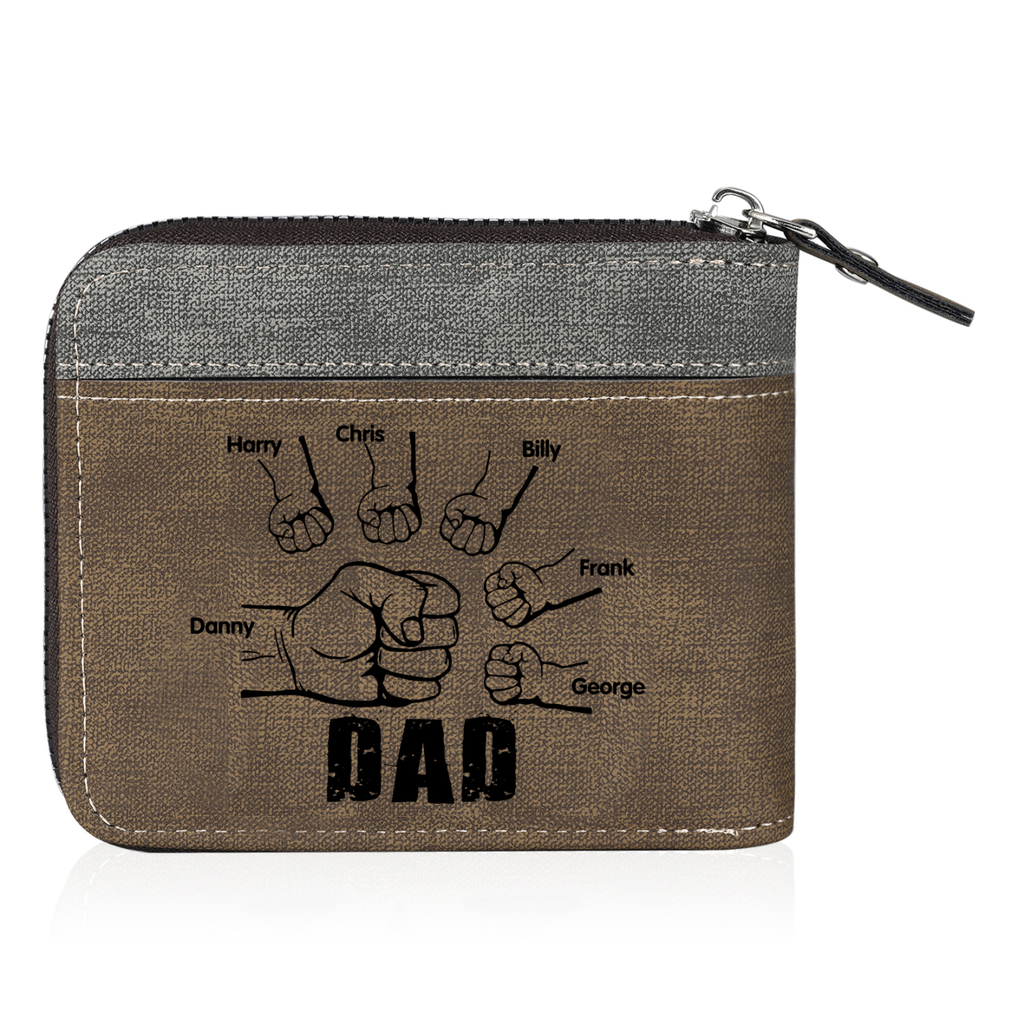 6 Names - Personalised Fist Bump Photo Custom Leather Men's Zipper Wallet as a Father's Day Gift for Dad