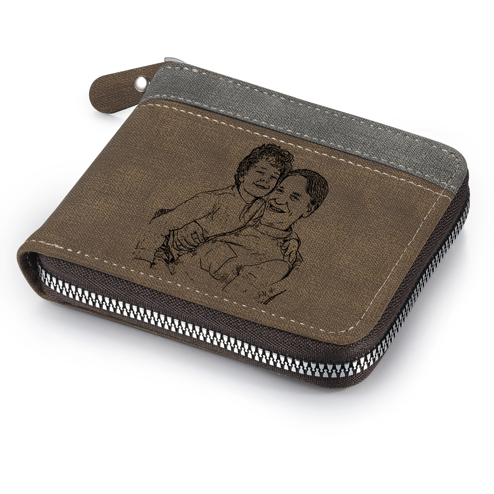 6 Names - Personalised Fist Bump Photo Custom Leather Men's Zipper Wallet as a Father's Day Gift for Dad