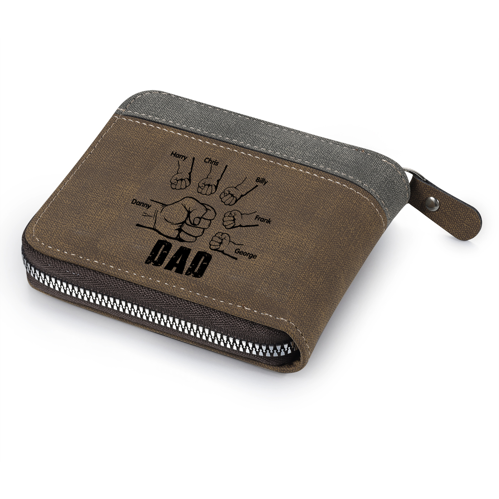 6 Names - Personalised Fist Bump Photo Custom Leather Men's Zipper Wallet as a Father's Day Gift for Dad