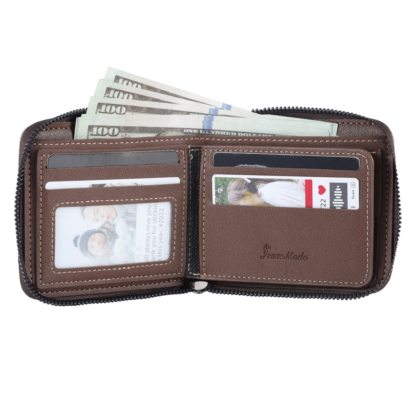 6 Names - Personalised Fist Bump Photo Custom Leather Men's Zipper Wallet as a Father's Day Gift for Dad