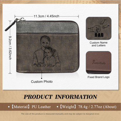 3 Names - Personalised Fist Bump Photo Custom Leather Men's Zipper Wallet as a Father's Day Gift for Dad