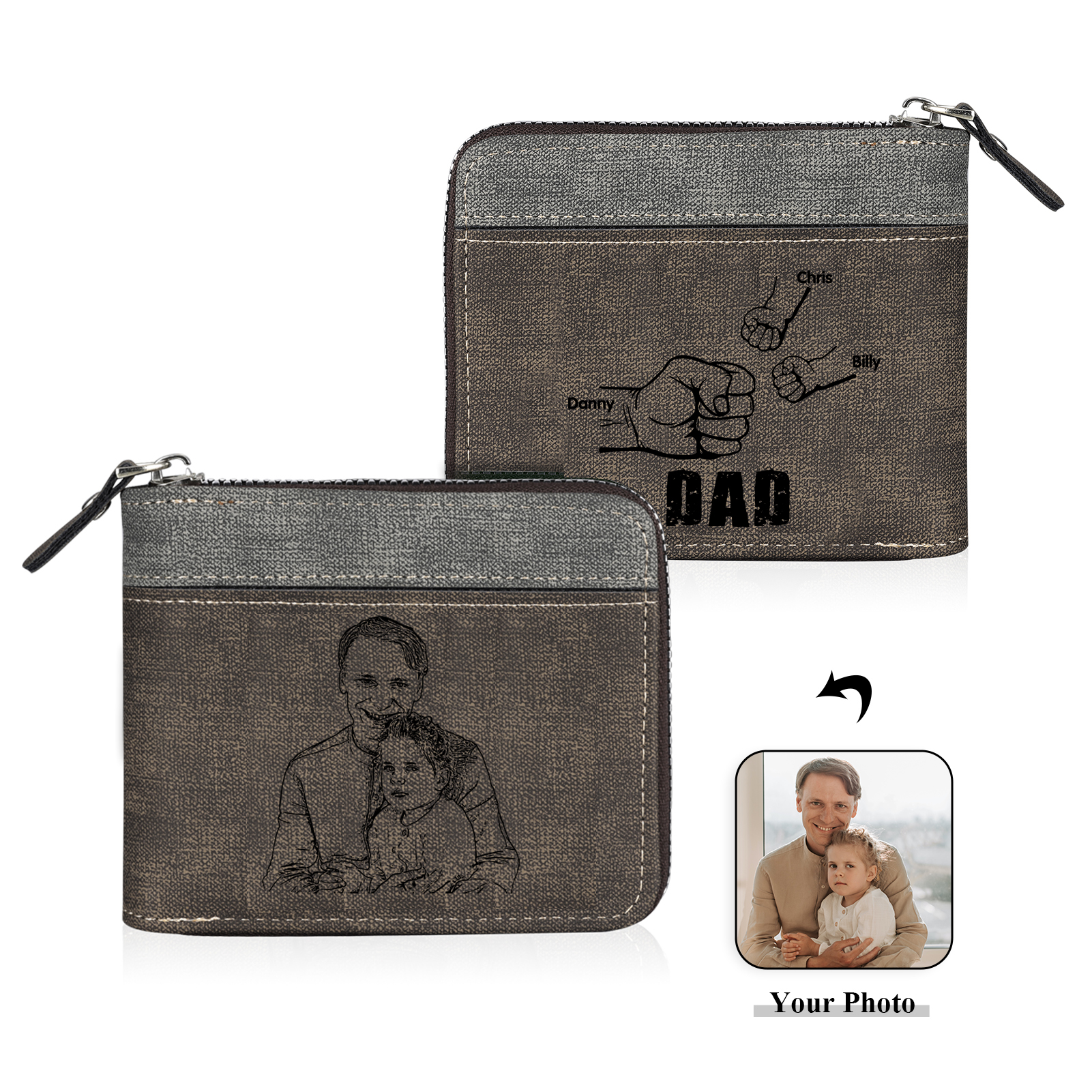 3 Names - Personalised Fist Bump Photo Custom Leather Men's Zipper Wallet as a Father's Day Gift for Dad
