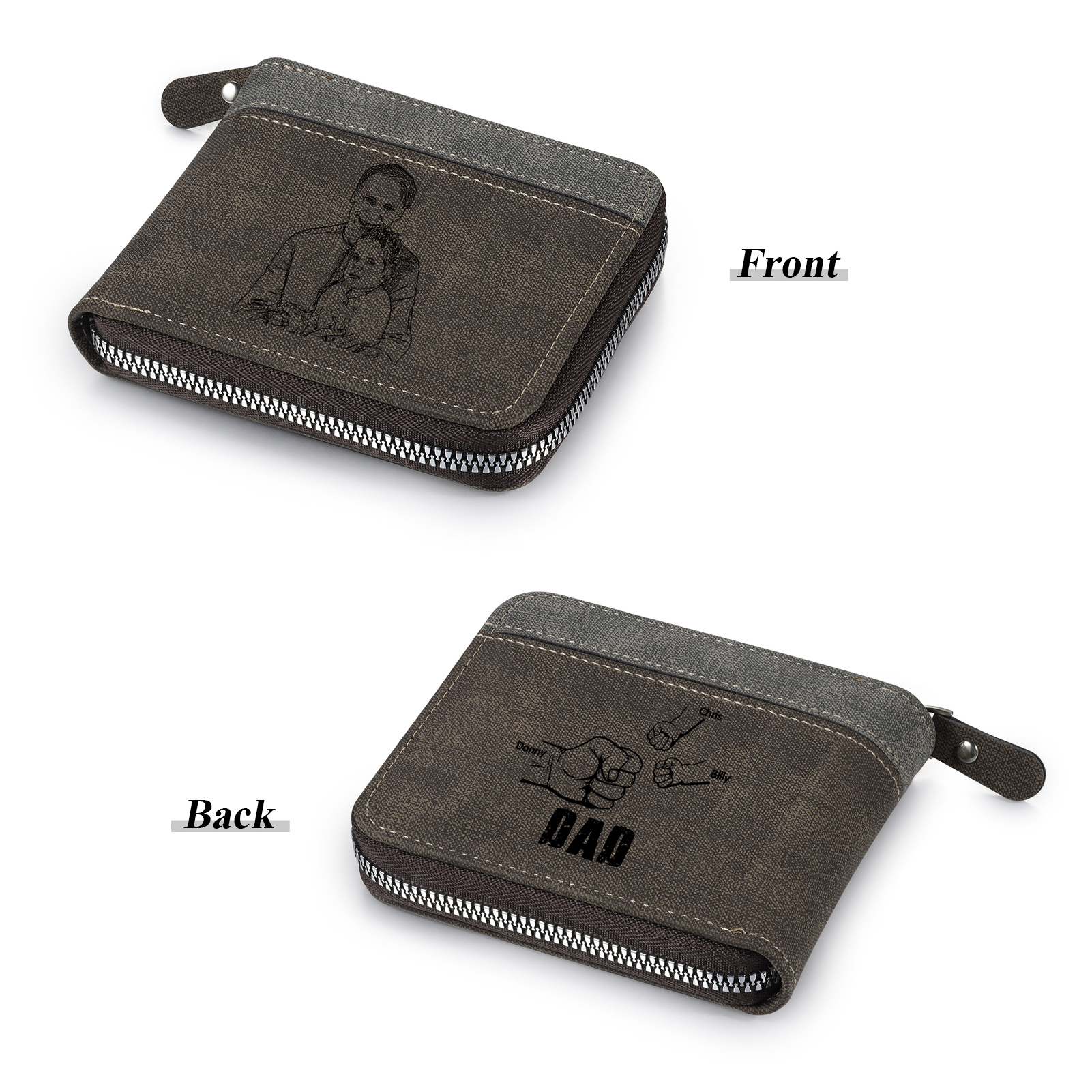 3 Names - Personalised Fist Bump Photo Custom Leather Men's Zipper Wallet as a Father's Day Gift for Dad