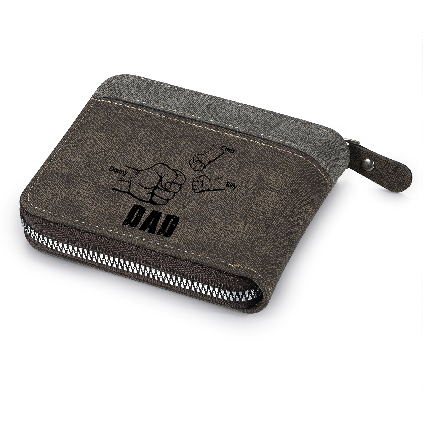 3 Names - Personalised Fist Bump Photo Custom Leather Men's Zipper Wallet as a Father's Day Gift for Dad