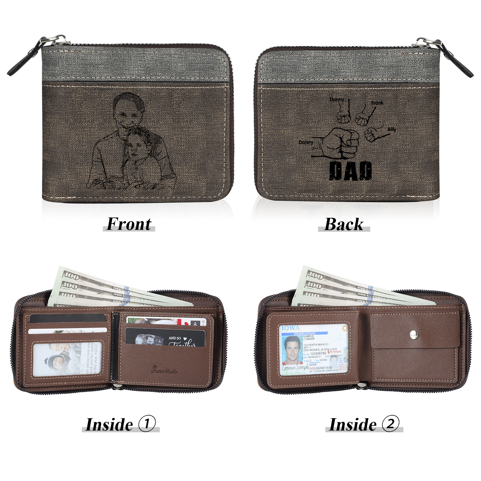 4 Names - Personalised Fist Bump Photo Custom Leather Men's Zipper Wallet as a Father's Day Gift for Dad