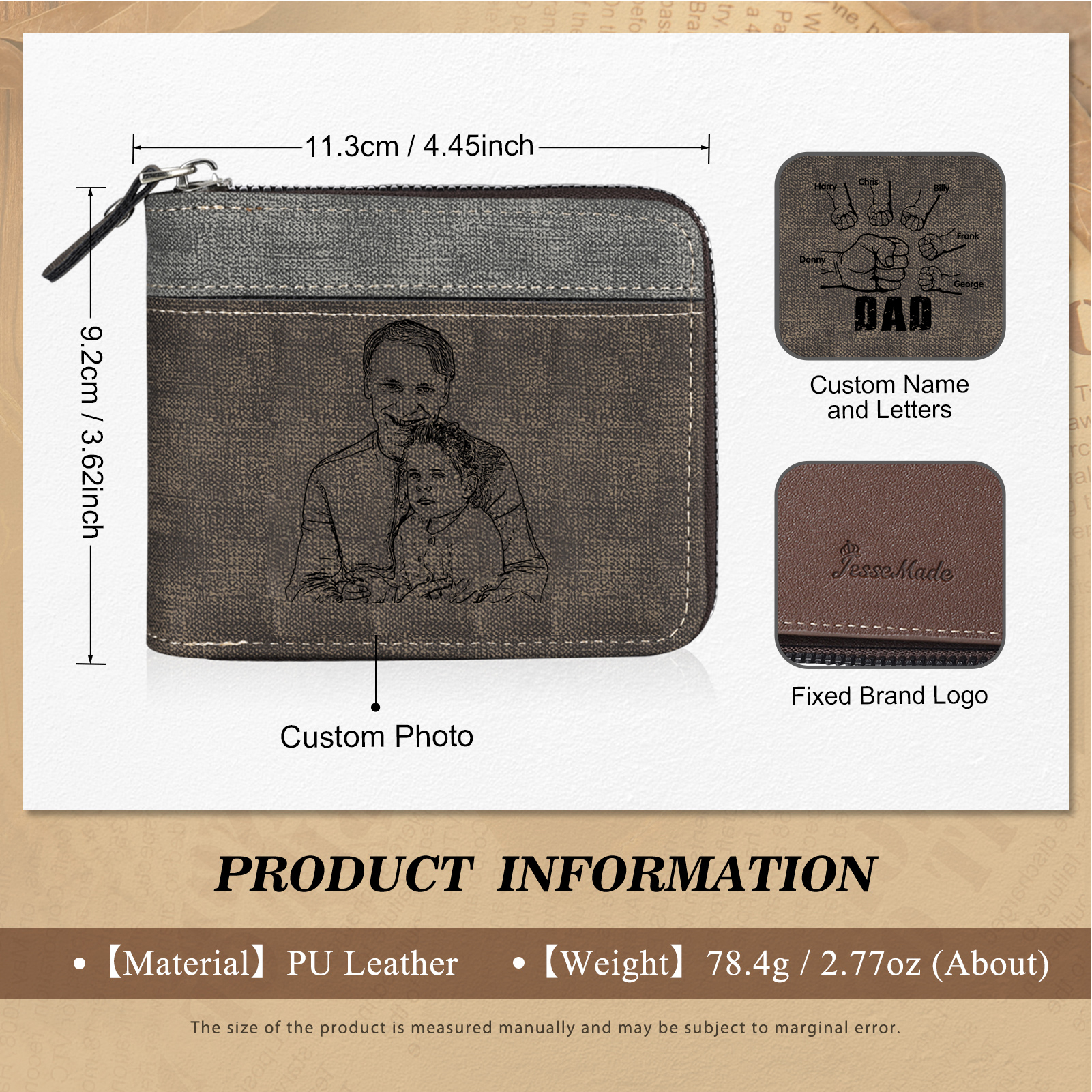 6 Names - Personalised Fist Bump Photo Custom Leather Men's Zipper Wallet as a Father's Day Gift for Dad