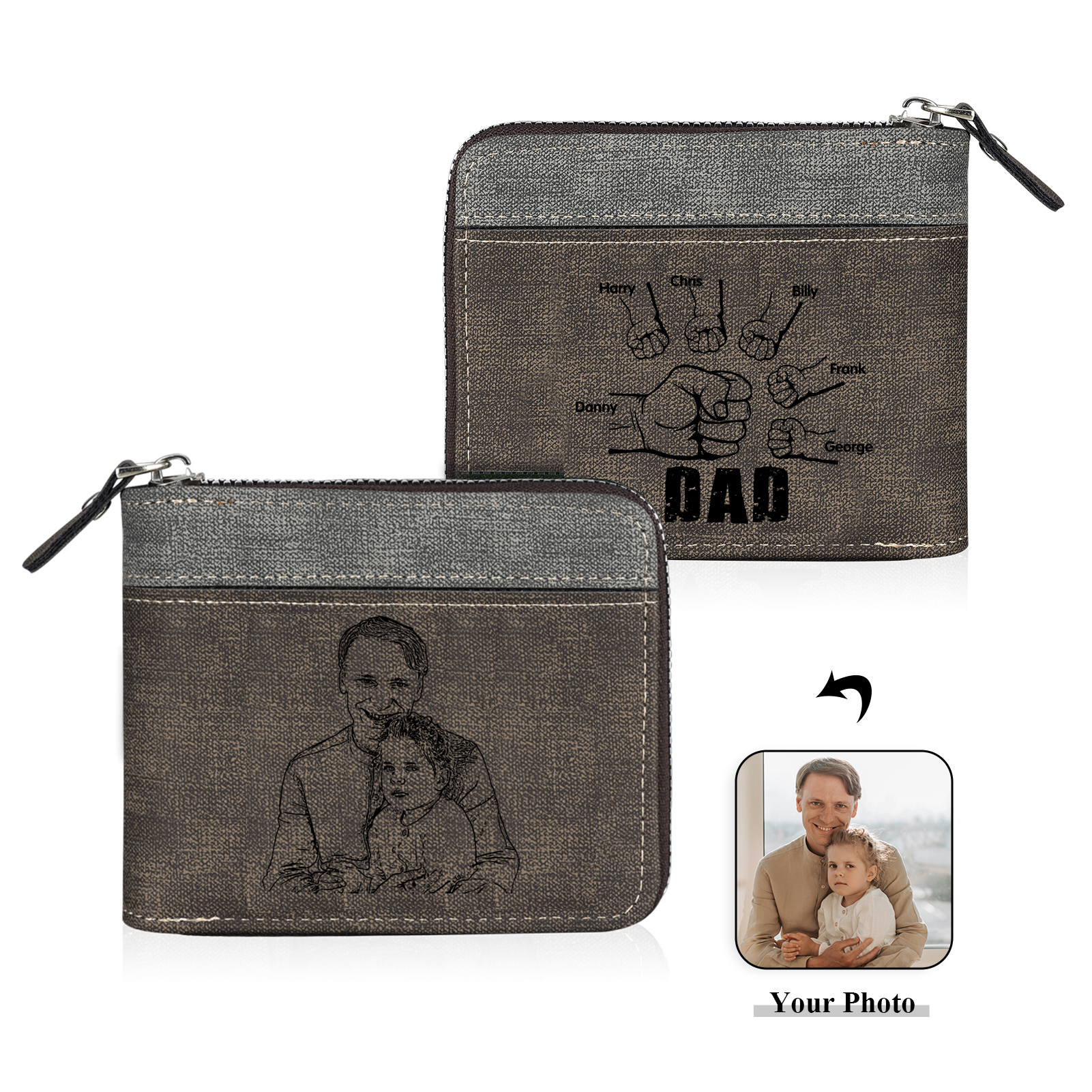 6 Names - Personalised Fist Bump Photo Custom Leather Men's Zipper Wallet as a Father's Day Gift for Dad