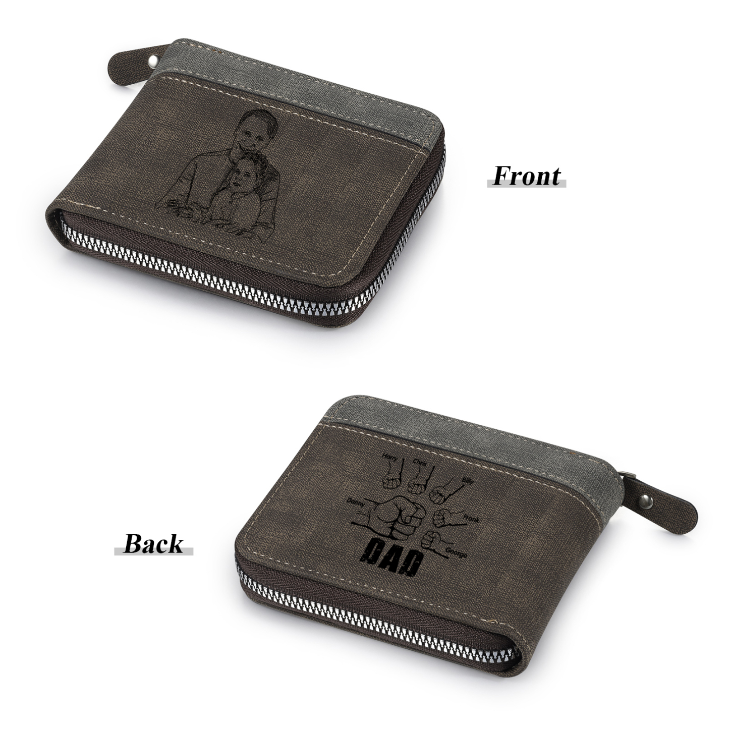 6 Names - Personalised Fist Bump Photo Custom Leather Men's Zipper Wallet as a Father's Day Gift for Dad