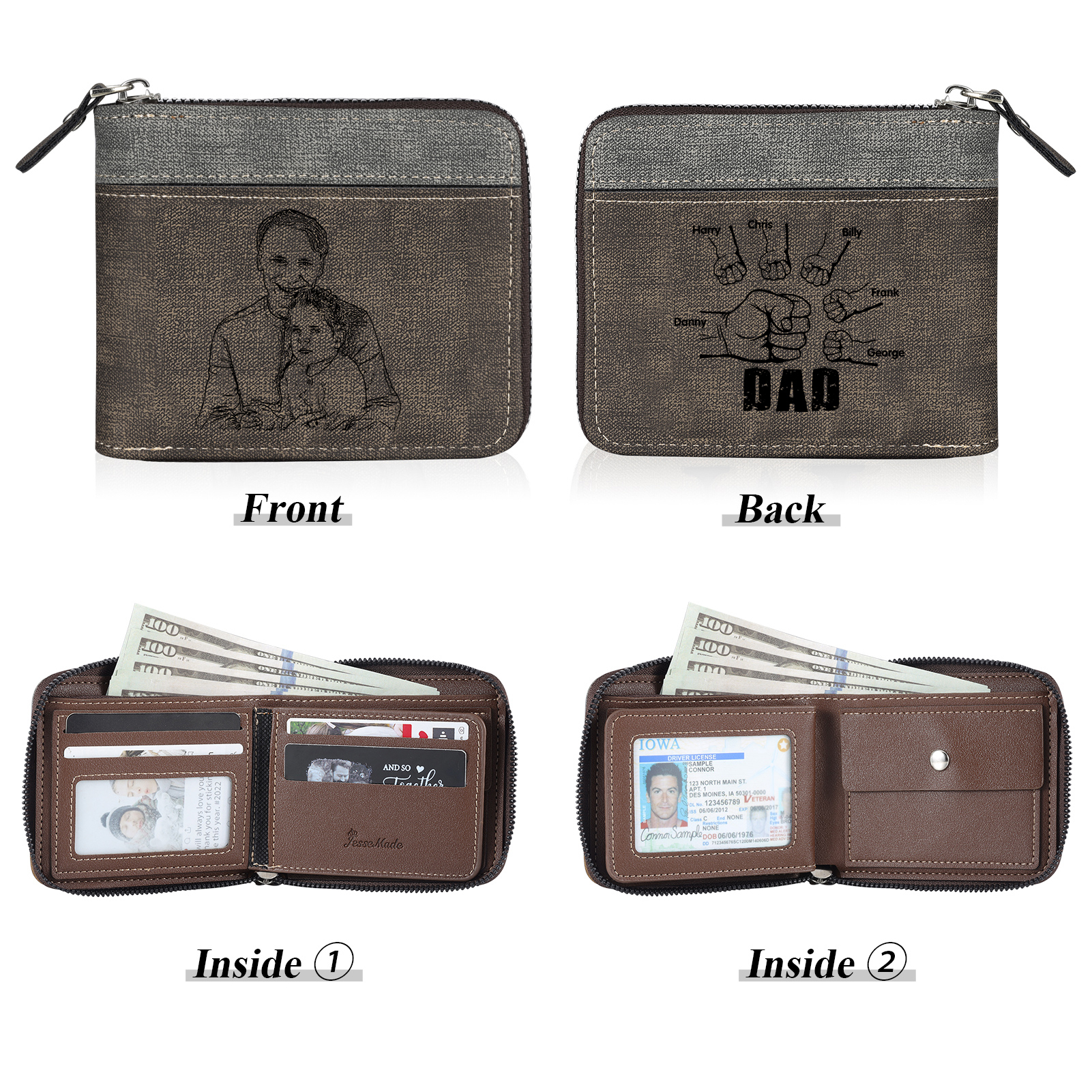 6 Names - Personalised Fist Bump Photo Custom Leather Men's Zipper Wallet as a Father's Day Gift for Dad
