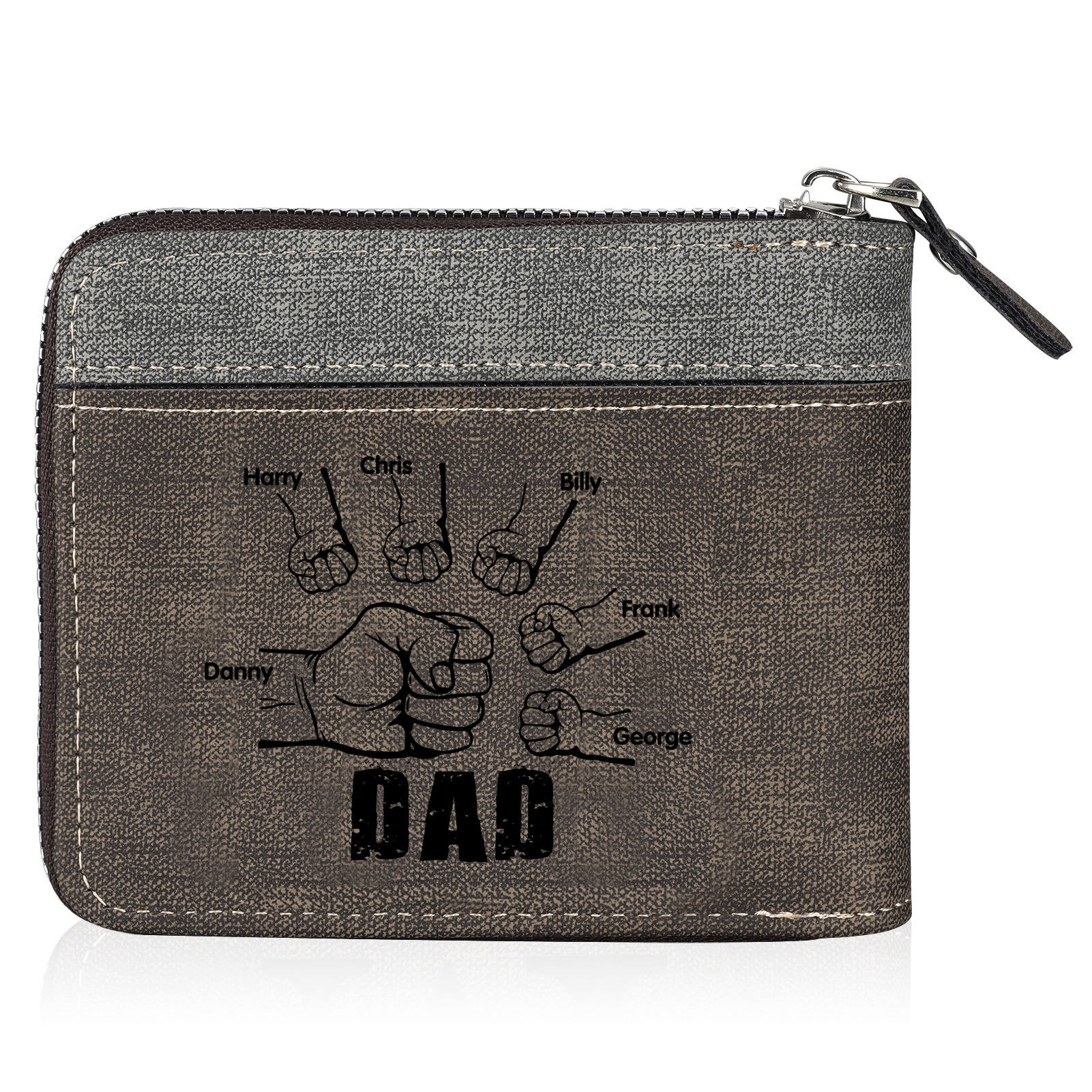 6 Names - Personalised Fist Bump Photo Custom Leather Men's Zipper Wallet as a Father's Day Gift for Dad