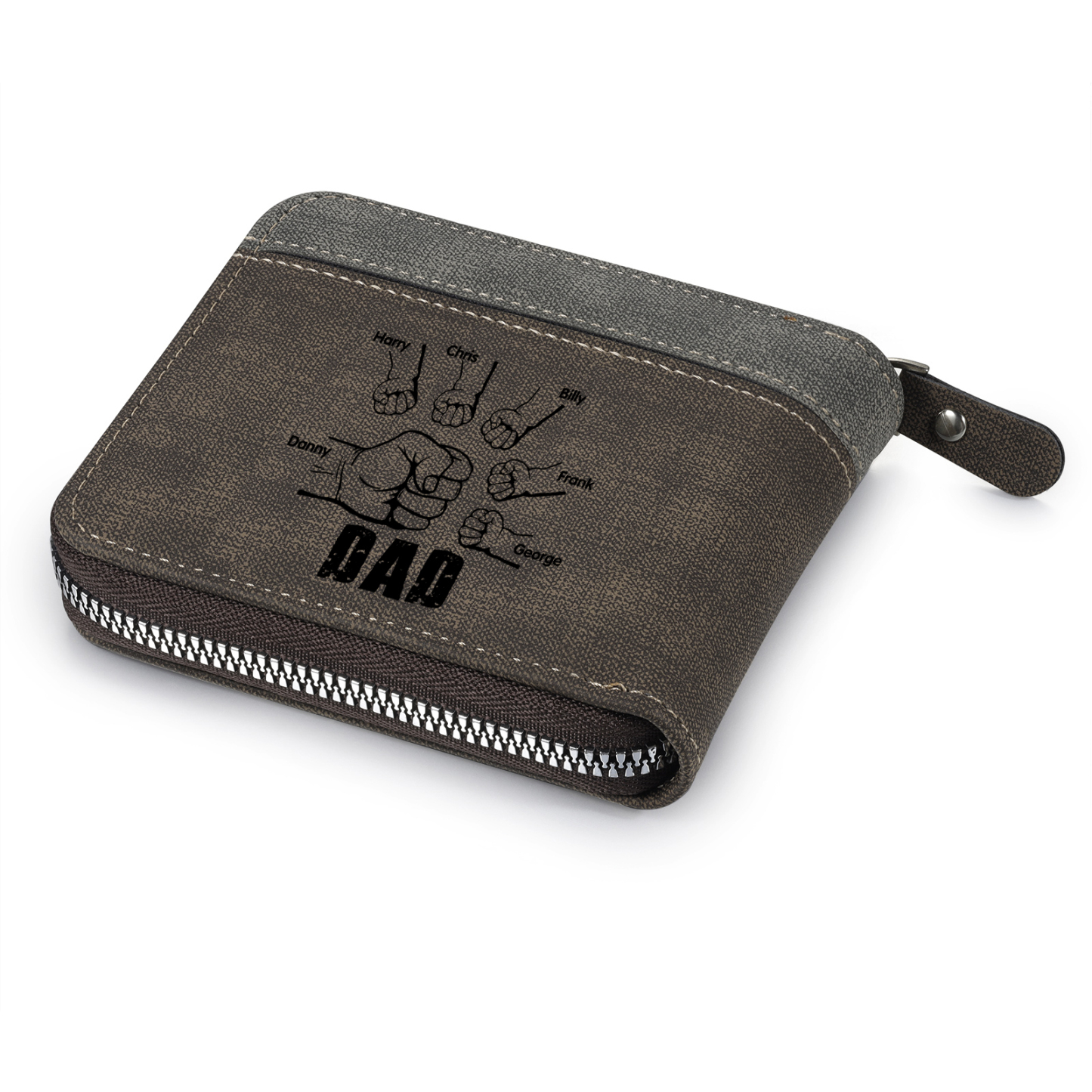 6 Names - Personalised Fist Bump Photo Custom Leather Men's Zipper Wallet as a Father's Day Gift for Dad