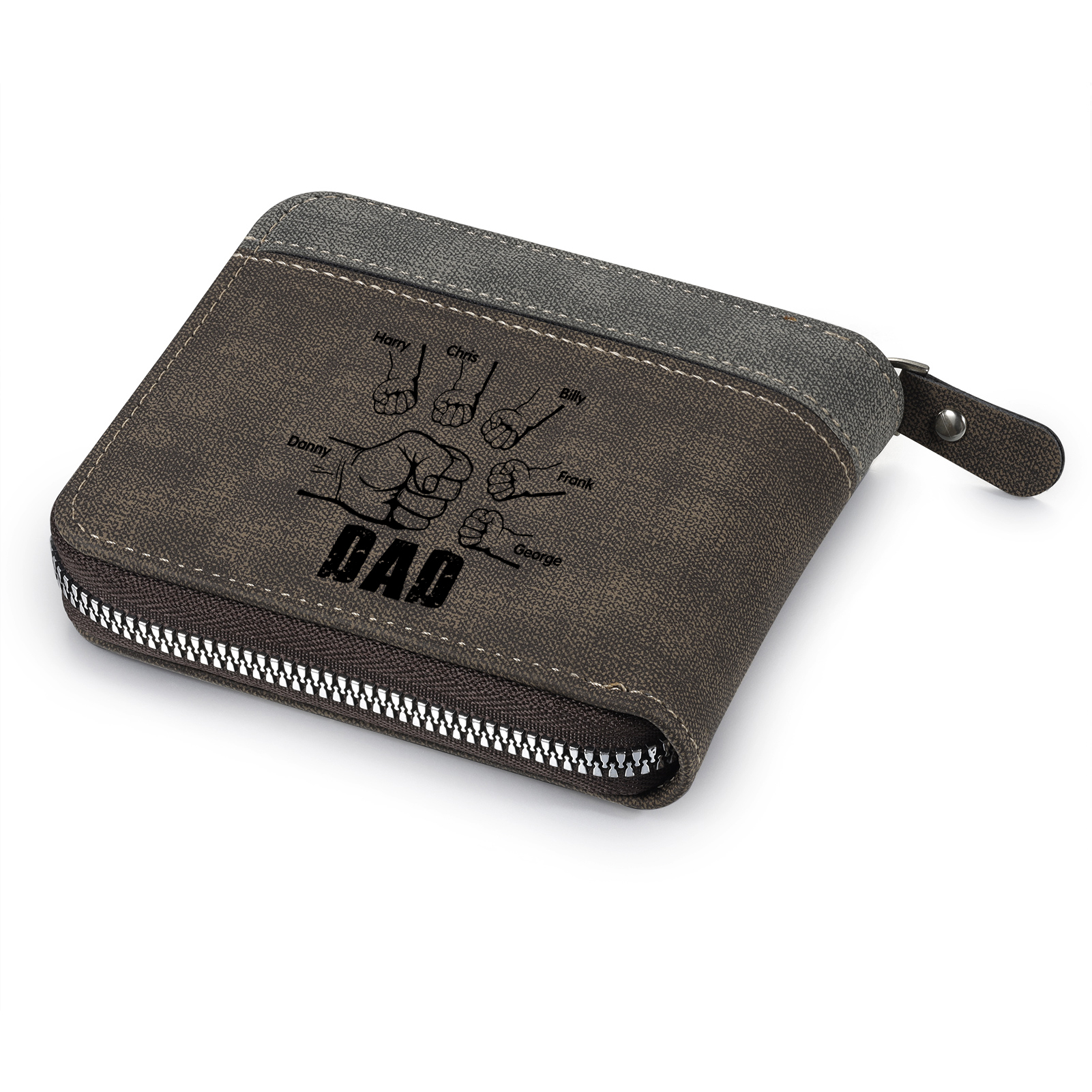 6 Names - Personalised Fist Bump Photo Custom Leather Men's Zipper Wallet as a Father's Day Gift for Dad