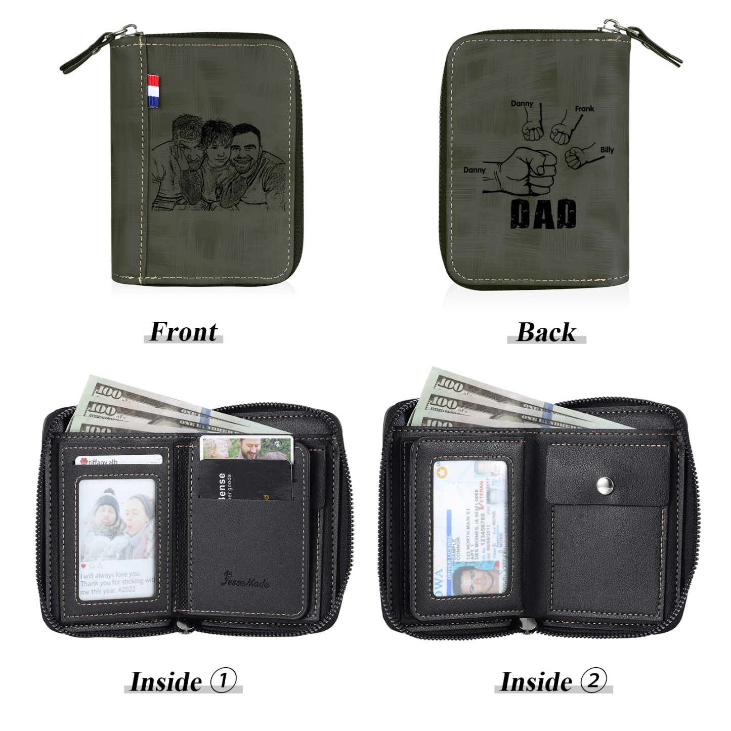 4 Names - Personalised Fist Bump Fist Bump Photo Custom Leather Men's Zipper Wallet as a Father's Day Gift for Dad