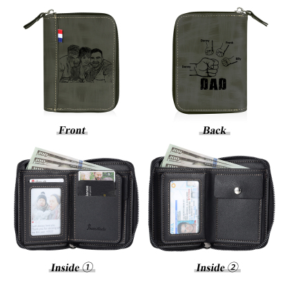 4 Names - Personalised Fist Bump Fist Bump Photo Custom Leather Men's Zipper Wallet as a Father's Day Gift for Dad
