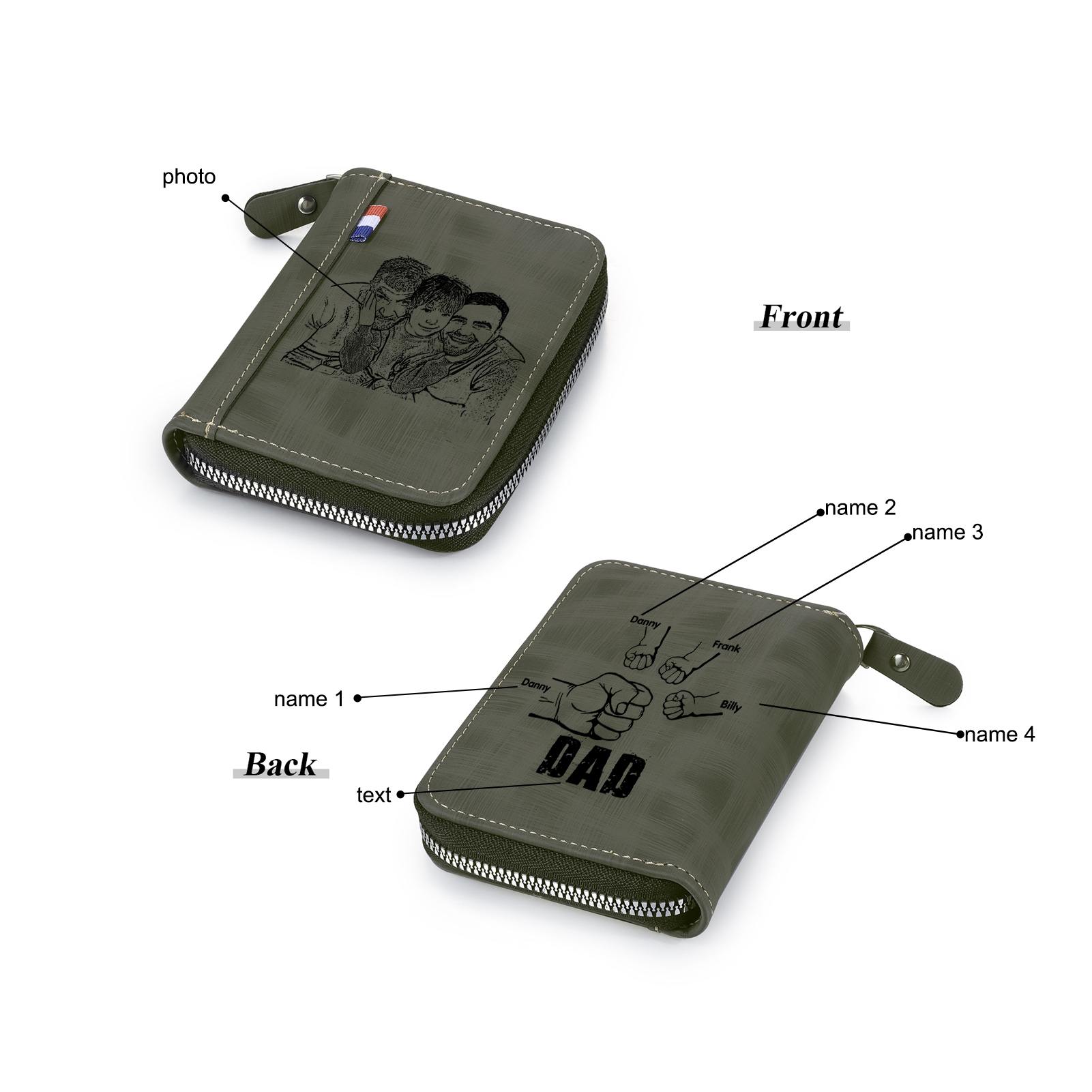 4 Names - Personalised Fist Bump Fist Bump Photo Custom Leather Men's Zipper Wallet as a Father's Day Gift for Dad