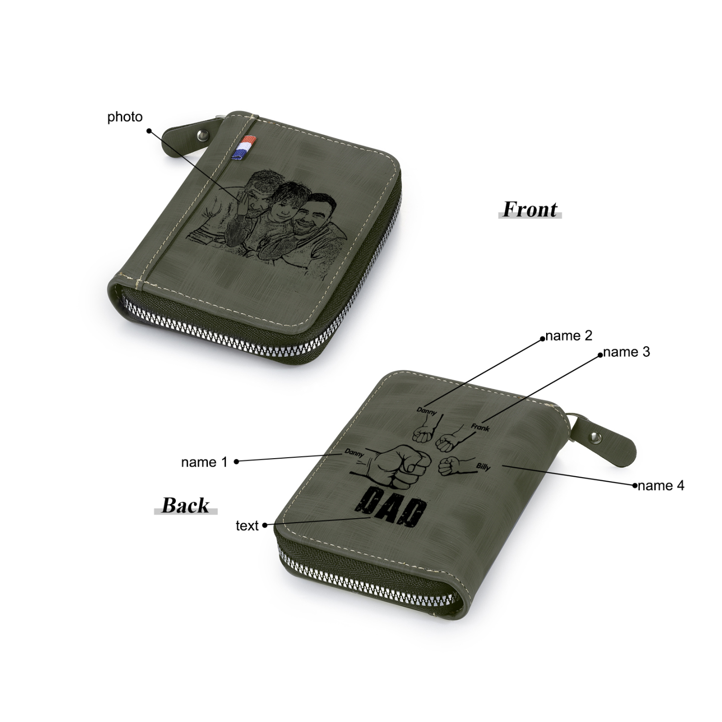 4 Names - Personalised Fist Bump Fist Bump Photo Custom Leather Men's Zipper Wallet as a Father's Day Gift for Dad