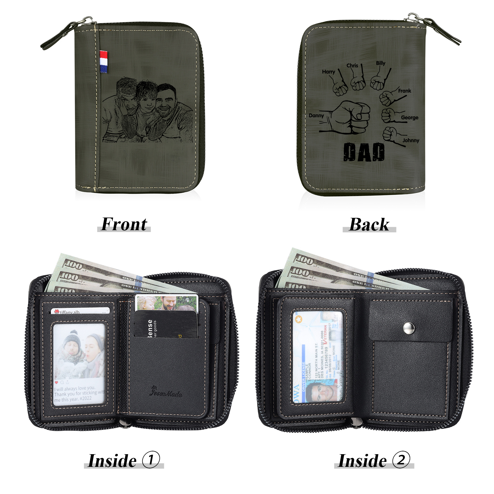 7 Names - Personalised Fist Bump Fist Bump Photo Custom Leather Men's Zipper Wallet as a Father's Day Gift for Dad