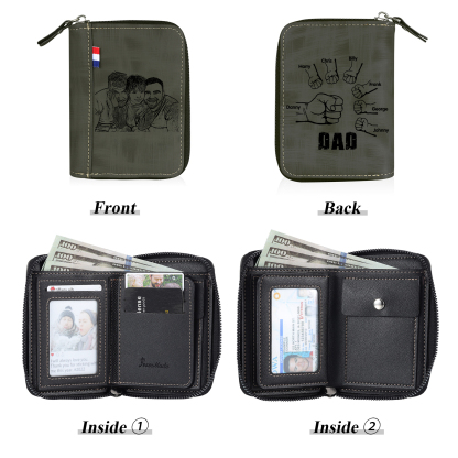 7 Names - Personalised Fist Bump Fist Bump Photo Custom Leather Men's Zipper Wallet as a Father's Day Gift for Dad