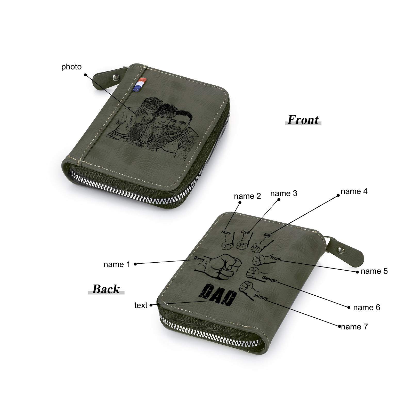 7 Names - Personalised Fist Bump Fist Bump Photo Custom Leather Men's Zipper Wallet as a Father's Day Gift for Dad