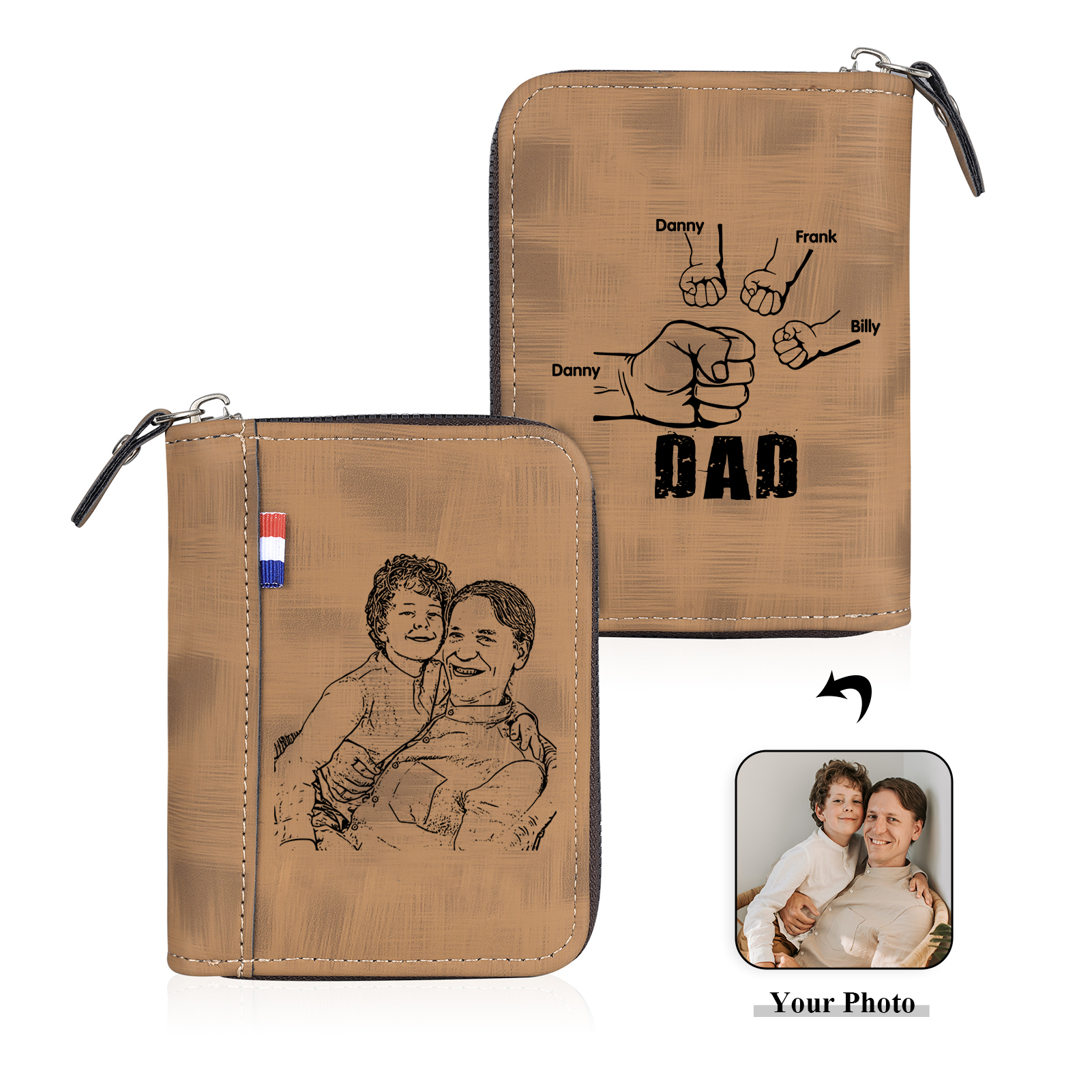 4 Names - Personalised Fist Bump Fist Bump Photo Custom Leather Men's Zipper Wallet as a Father's Day Gift for Dad