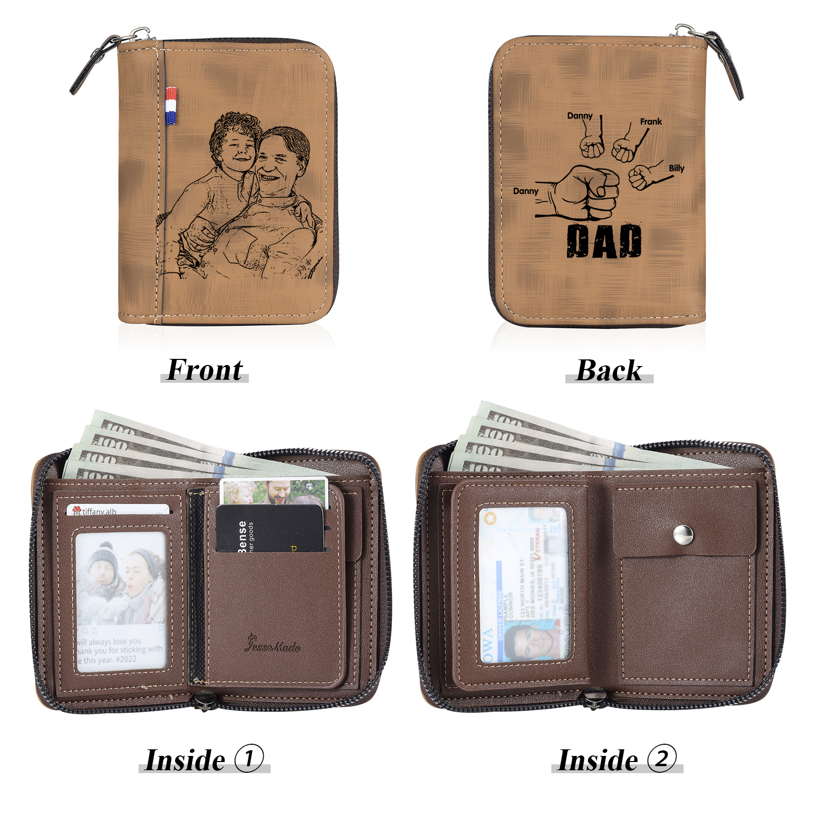 4 Names - Personalised Fist Bump Fist Bump Photo Custom Leather Men's Zipper Wallet as a Father's Day Gift for Dad