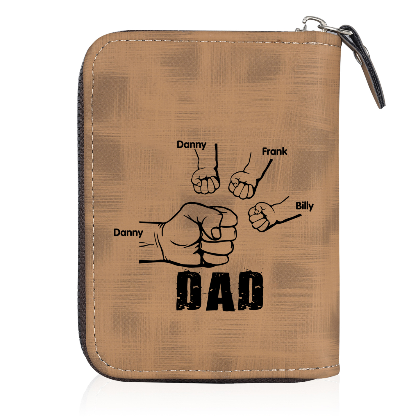 4 Names - Personalised Fist Bump Fist Bump Photo Custom Leather Men's Zipper Wallet as a Father's Day Gift for Dad