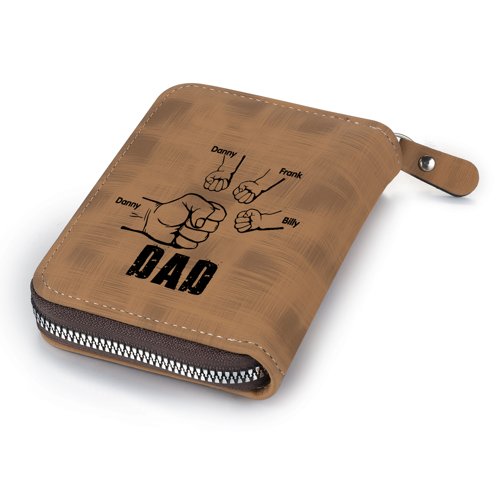 4 Names - Personalised Fist Bump Fist Bump Photo Custom Leather Men's Zipper Wallet as a Father's Day Gift for Dad