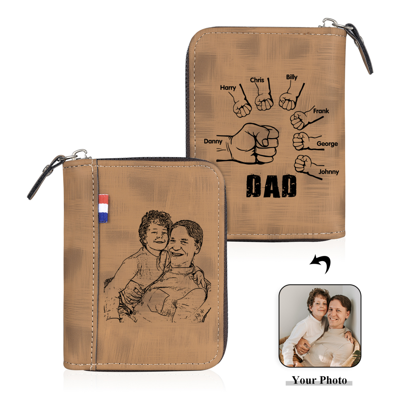 7 Names - Personalised Fist Bump Fist Bump Photo Custom Leather Men's Zipper Wallet as a Father's Day Gift for Dad