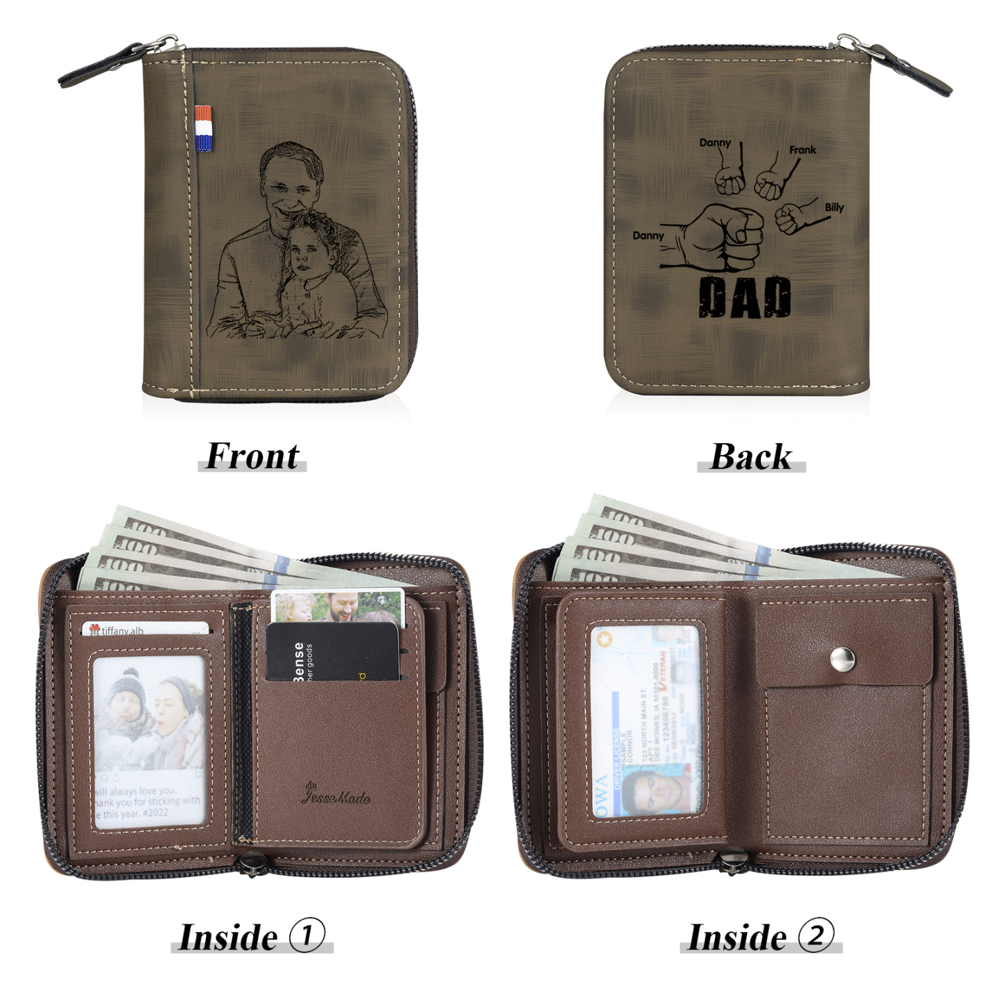 4 Names - Personalised Fist Bump Fist Bump Photo Custom Leather Men's Zipper Wallet as a Father's Day Gift for Dad