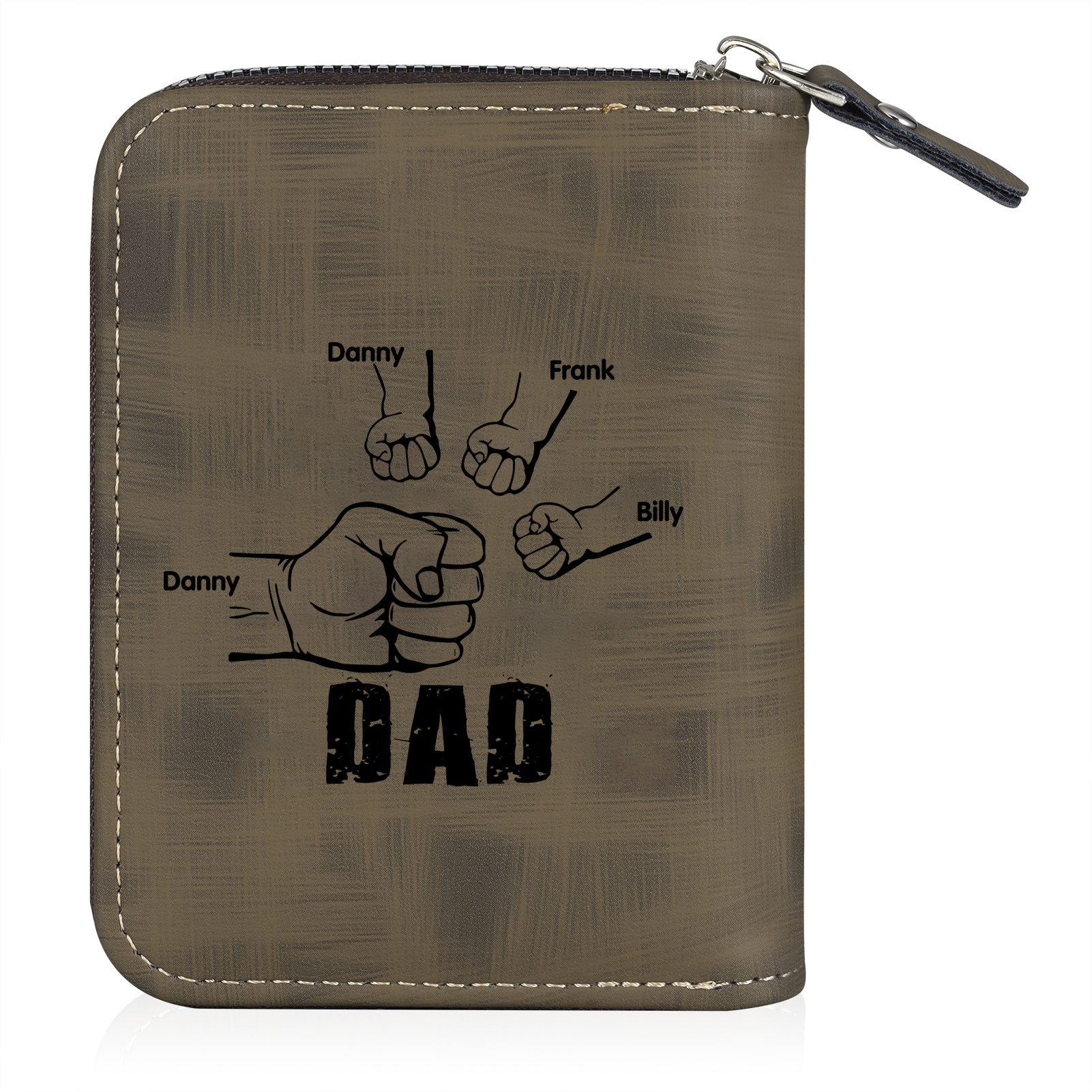 4 Names - Personalised Fist Bump Fist Bump Photo Custom Leather Men's Zipper Wallet as a Father's Day Gift for Dad