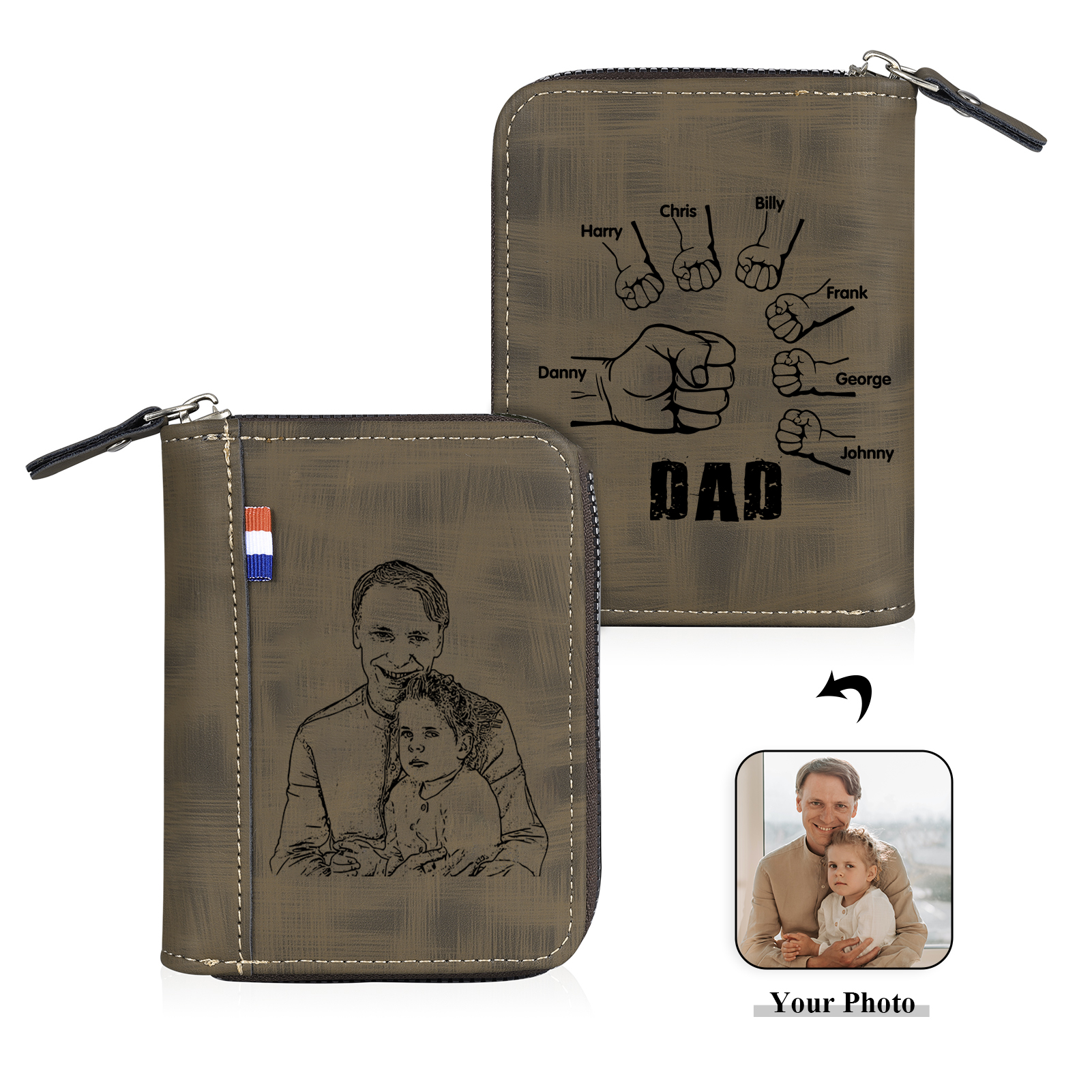 7 Names - Personalised Fist Bump Fist Bump Photo Custom Leather Men's Zipper Wallet as a Father's Day Gift for Dad