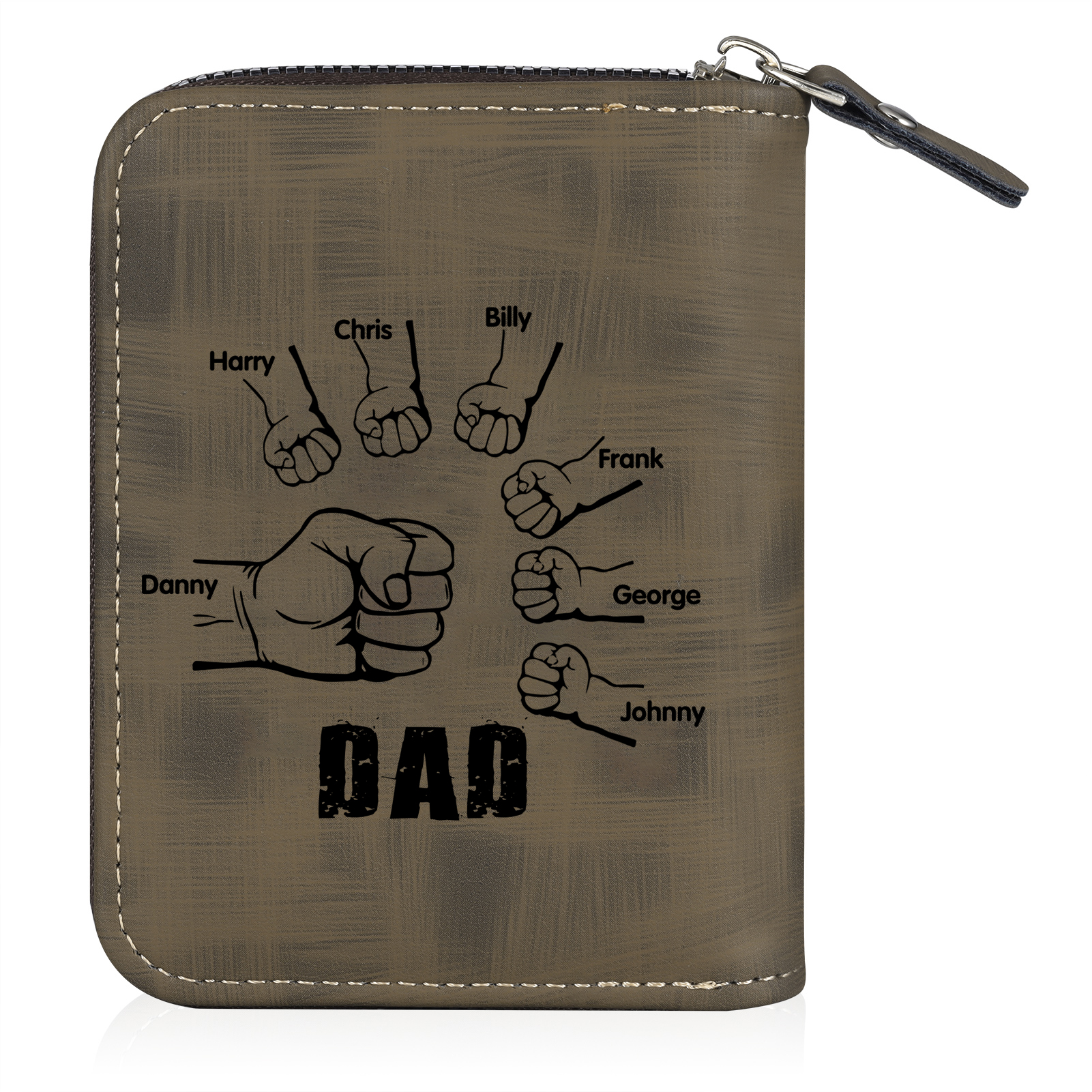 7 Names - Personalised Fist Bump Fist Bump Photo Custom Leather Men's Zipper Wallet as a Father's Day Gift for Dad