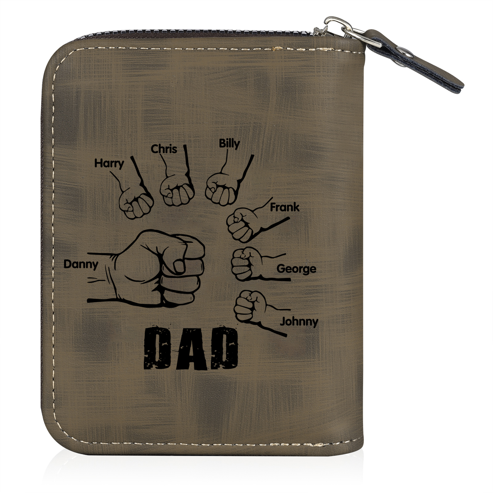 7 Names - Personalised Fist Bump Fist Bump Photo Custom Leather Men's Zipper Wallet as a Father's Day Gift for Dad
