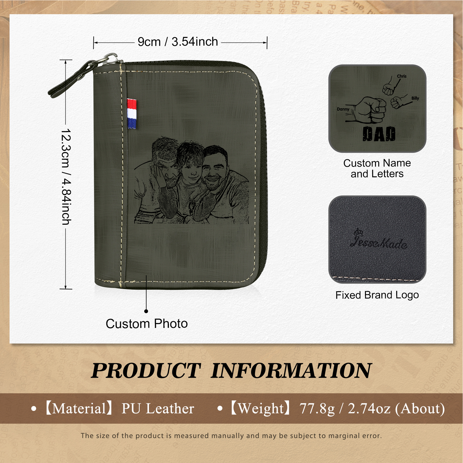 3 Names - Personalized Photo Text Custom Leather Men's Wallet Custom Name Zipper Wallet for Dad