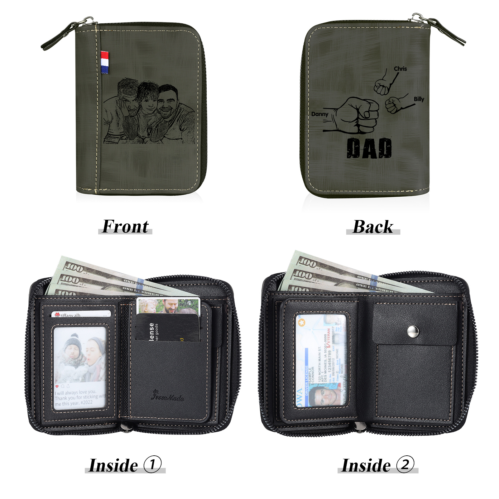 3 Names - Personalized Photo Text Custom Leather Men's Wallet Custom Name Zipper Wallet for Dad