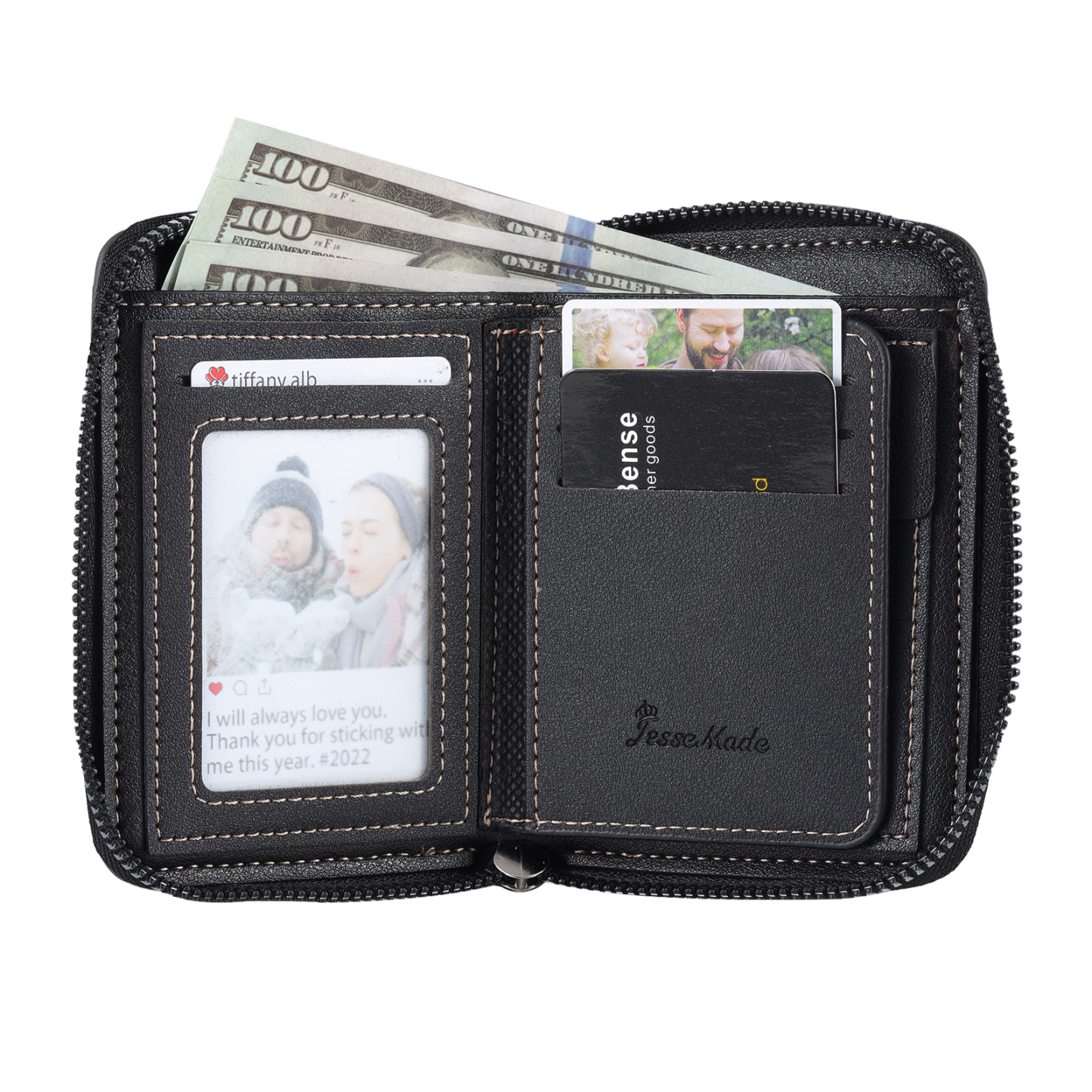 4 Names - Personalised Fist Bump Fist Bump Photo Custom Leather Men's Zipper Wallet as a Father's Day Gift for Dad