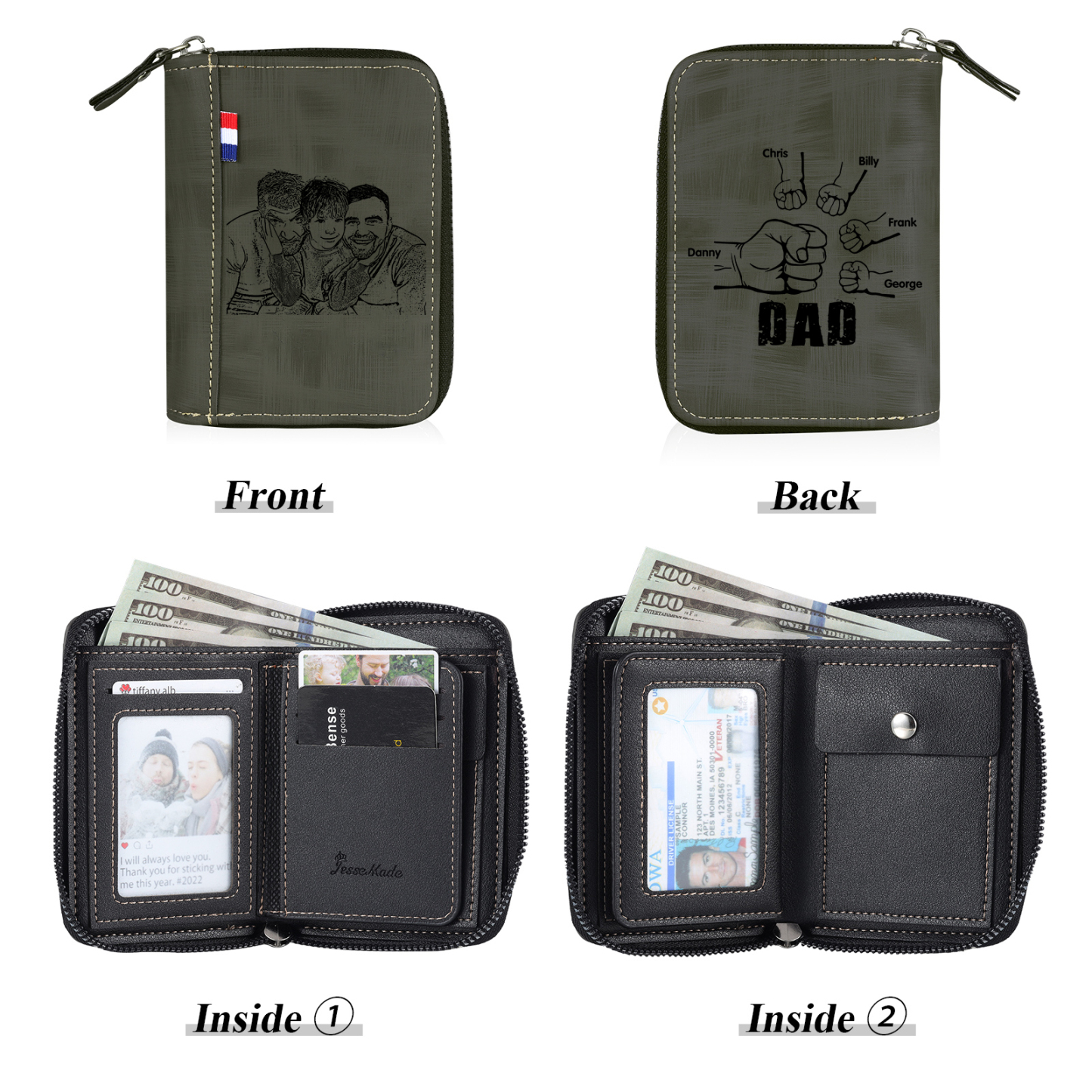 5 Names - Personalized Photo Text Custom Leather Men's Wallet Custom Name Zipper Wallet for Dad