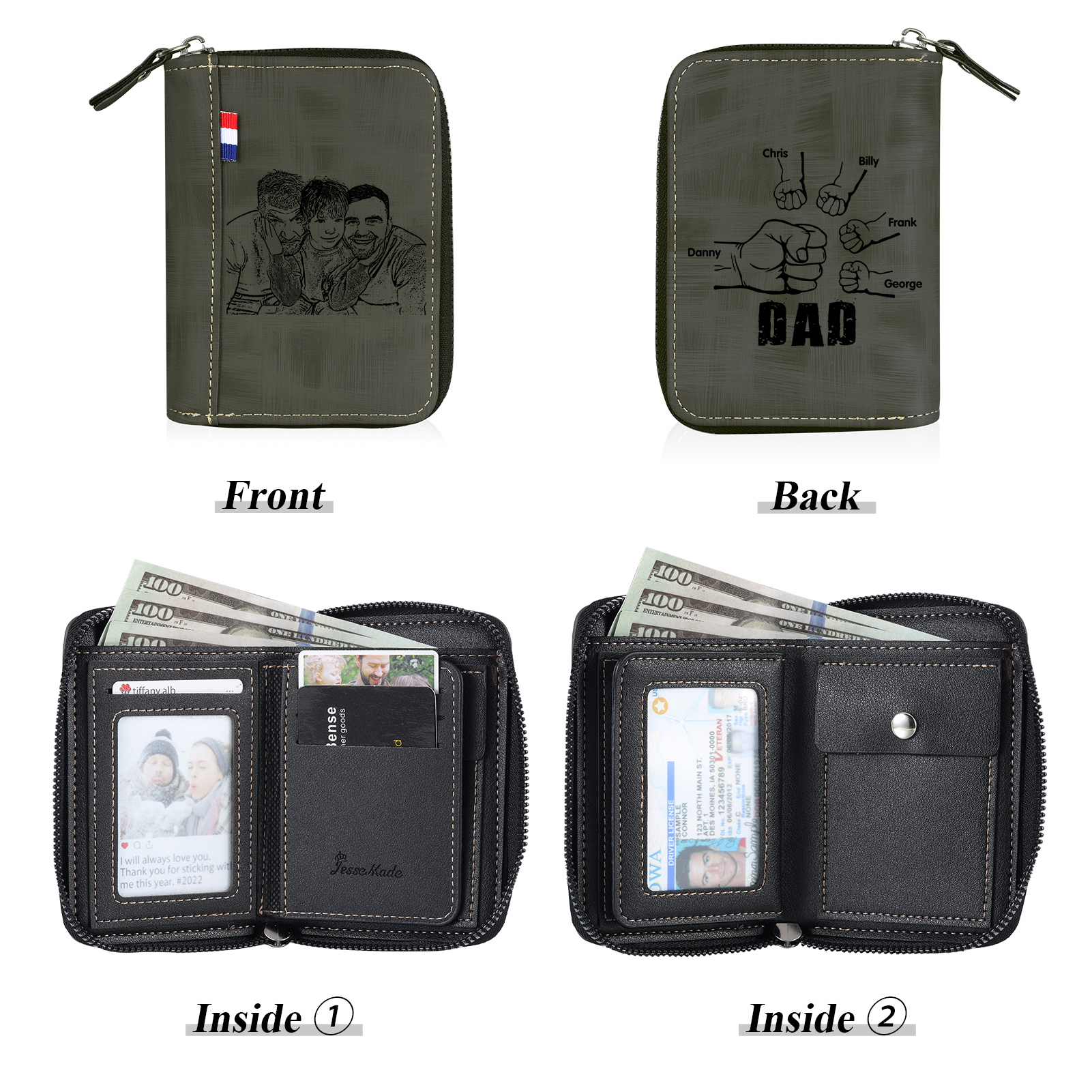 5 Names - Personalized Photo Text Custom Leather Men's Wallet Custom Name Zipper Wallet for Dad