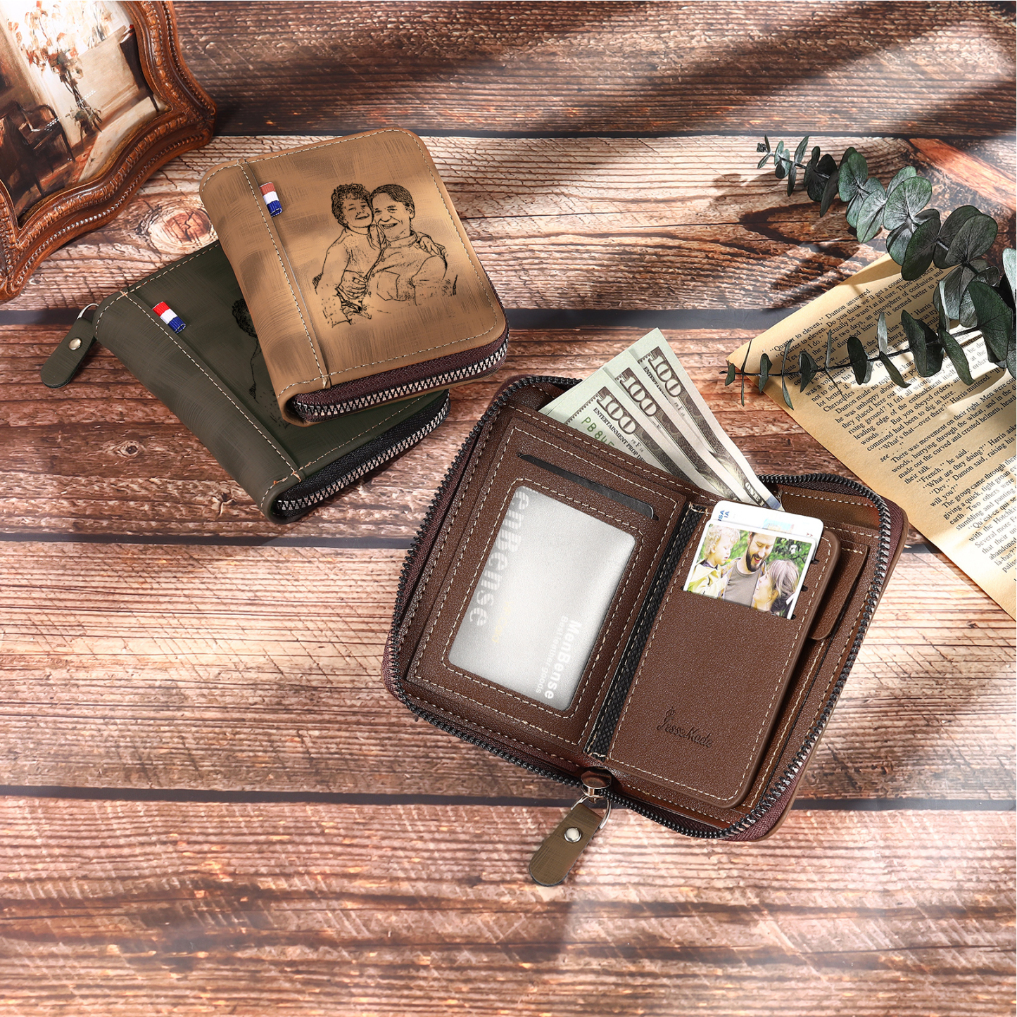 5 Names - Personalized Photo Text Custom Leather Men's Wallet Custom Name Zipper Wallet for Dad