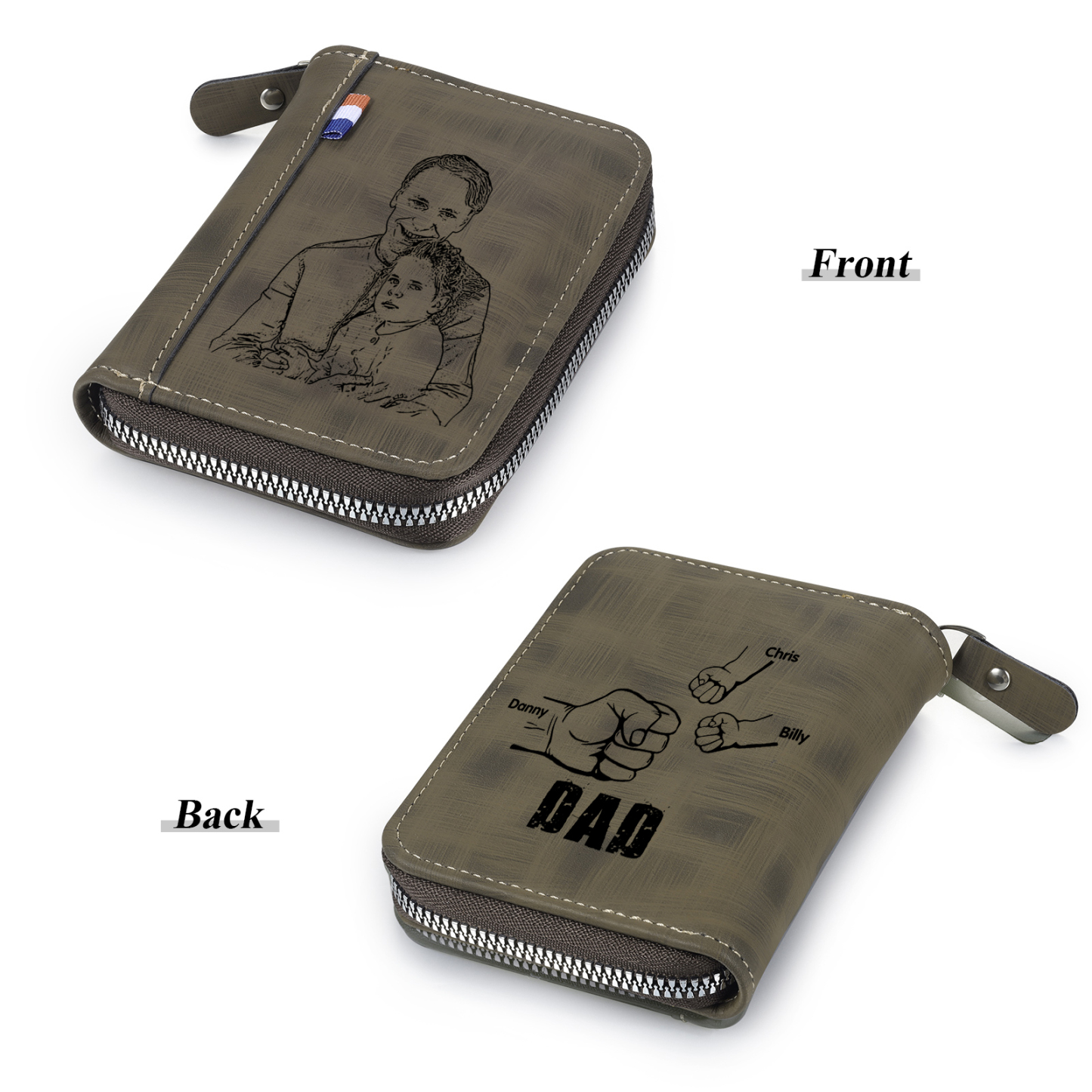 3 Names - Personalized Photo Text Custom Leather Men's Wallet Custom Name Zipper Wallet for Dad